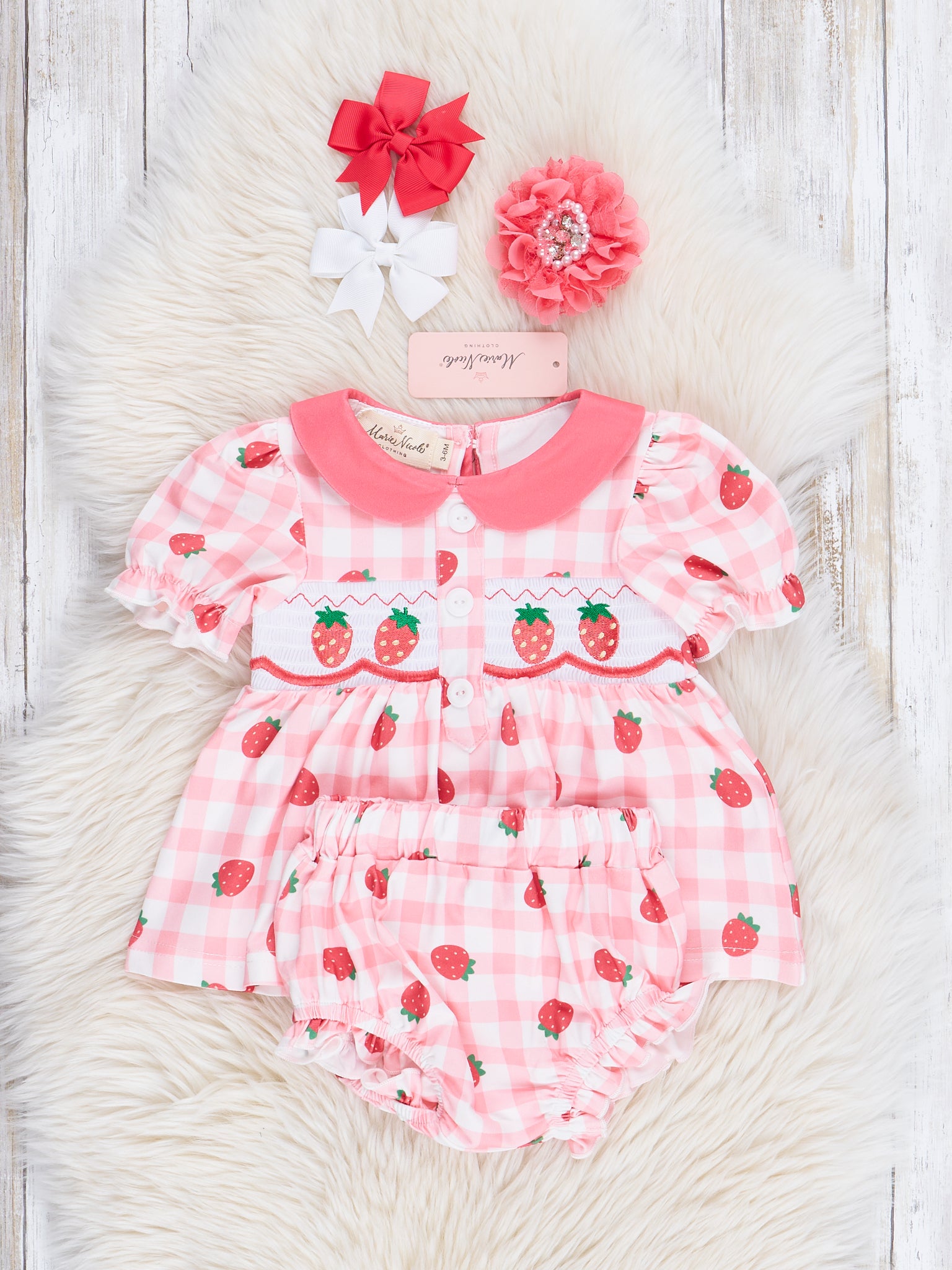 Smocked Strawberry Gingham Bloomers Outfit - Marie Nicole Clothing