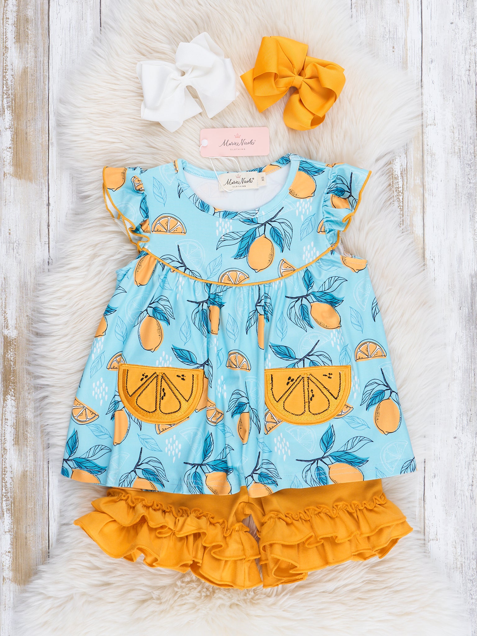 Turquoise Embroidered Lemons Outfit - Marie Nicole Clothing