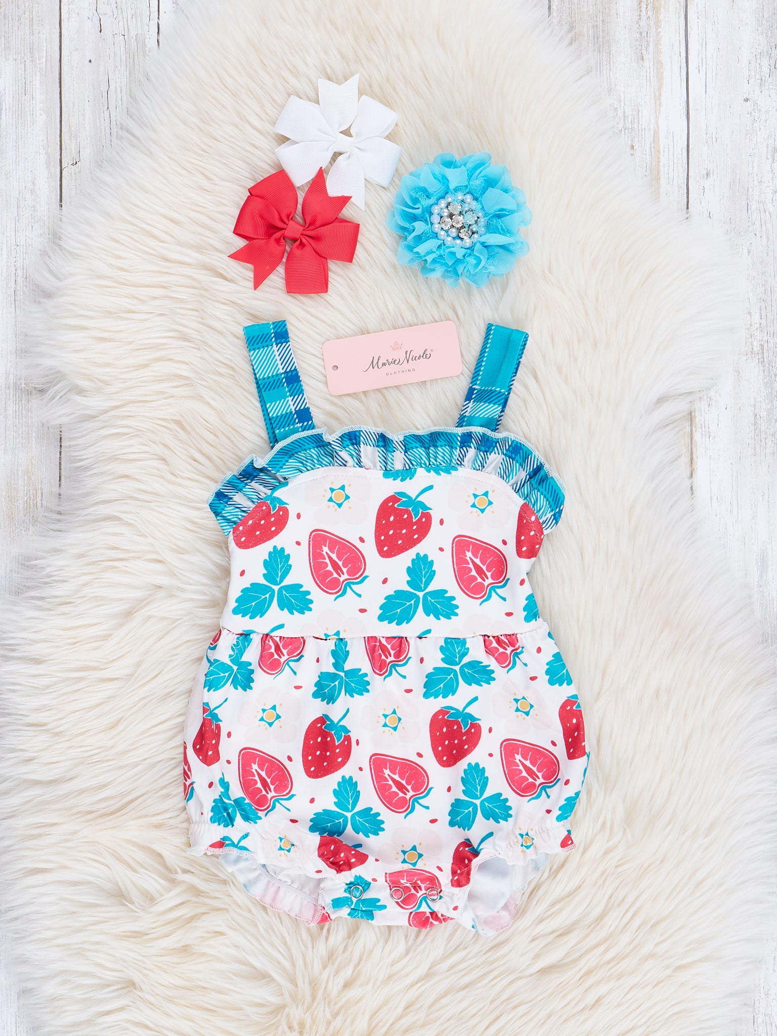 Turquoise & Strawberries Ruffle Bubble Romper - Marie Nicole Clothing