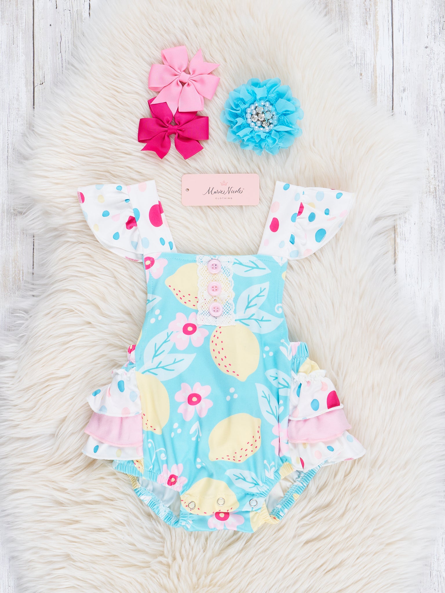 Teal Lemon Drops Ruffle Bubble Romper - Marie Nicole Clothing