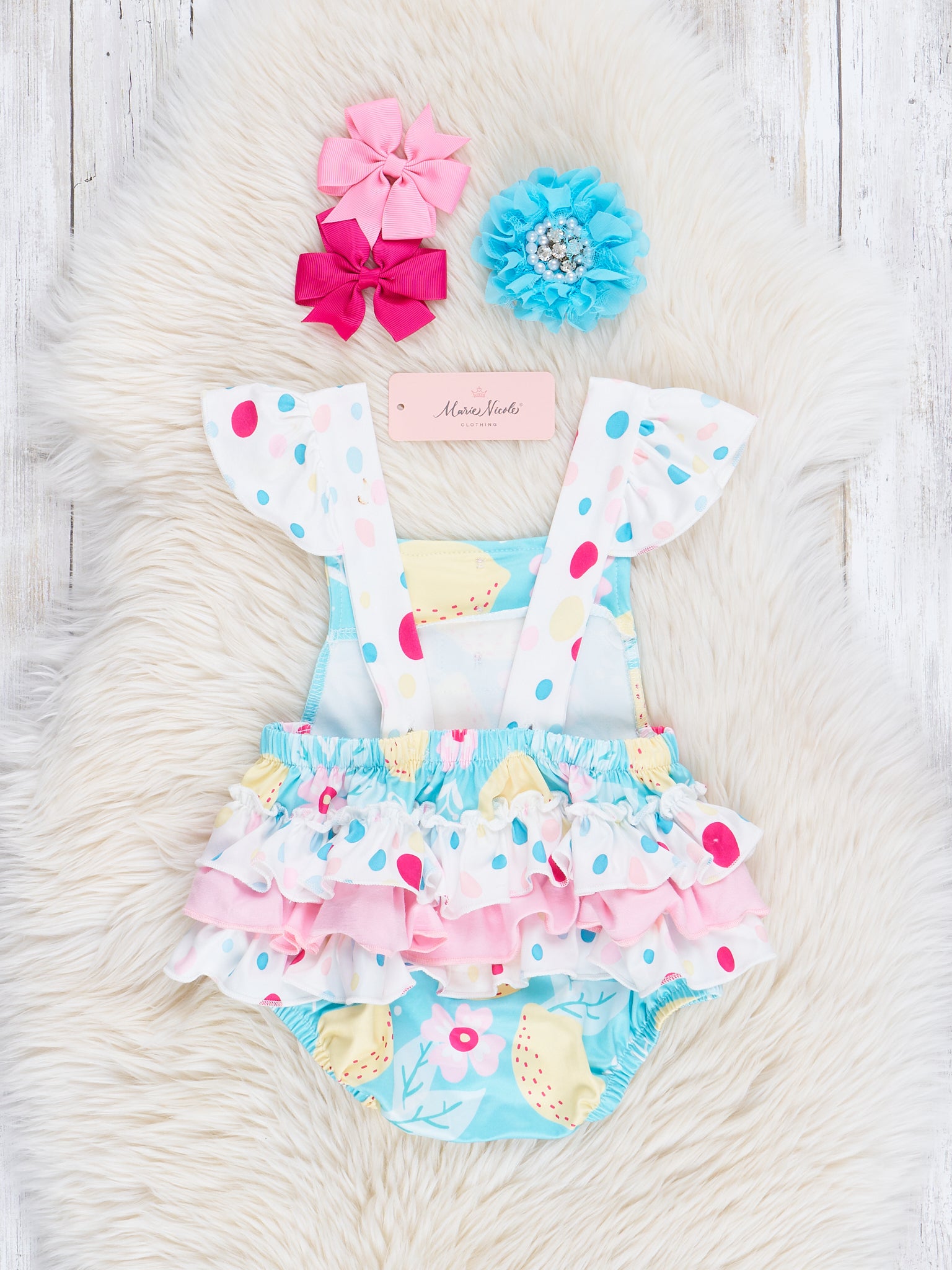 Teal Lemon Drops Ruffle Bubble Romper - Marie Nicole Clothing