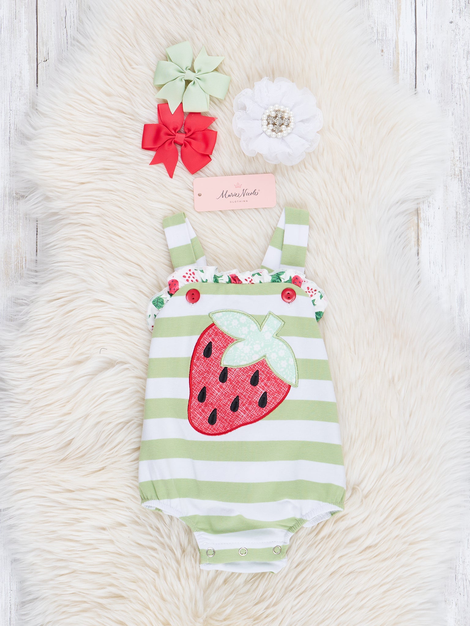 Red & Green Stripes Embroidered Strawberry Bubble Romper - Marie Nicole Clothing