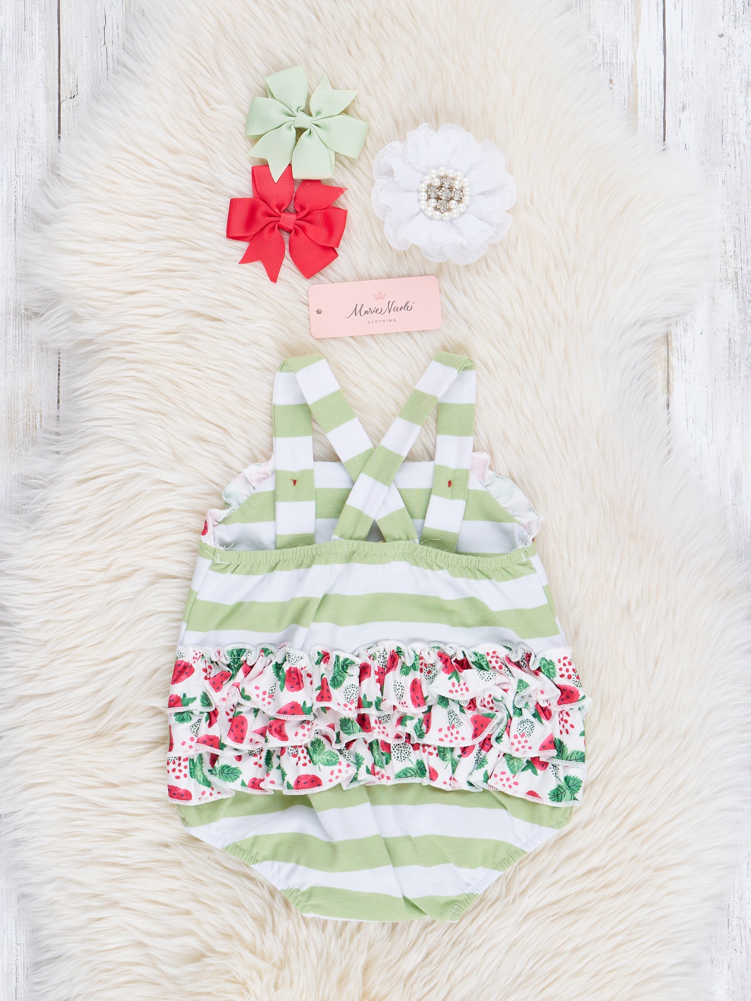 Red & Green Stripes Embroidered Strawberry Bubble Romper - Marie Nicole Clothing