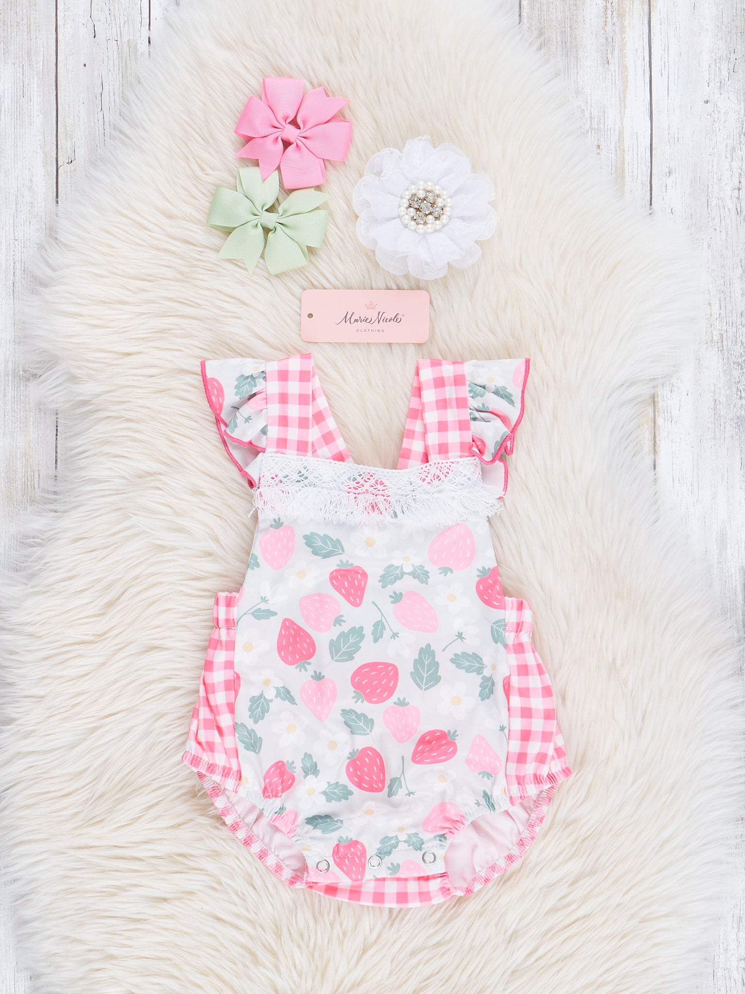 Coral Gingham Lace Trim Strawberry Bubble Romper - Marie Nicole Clothing