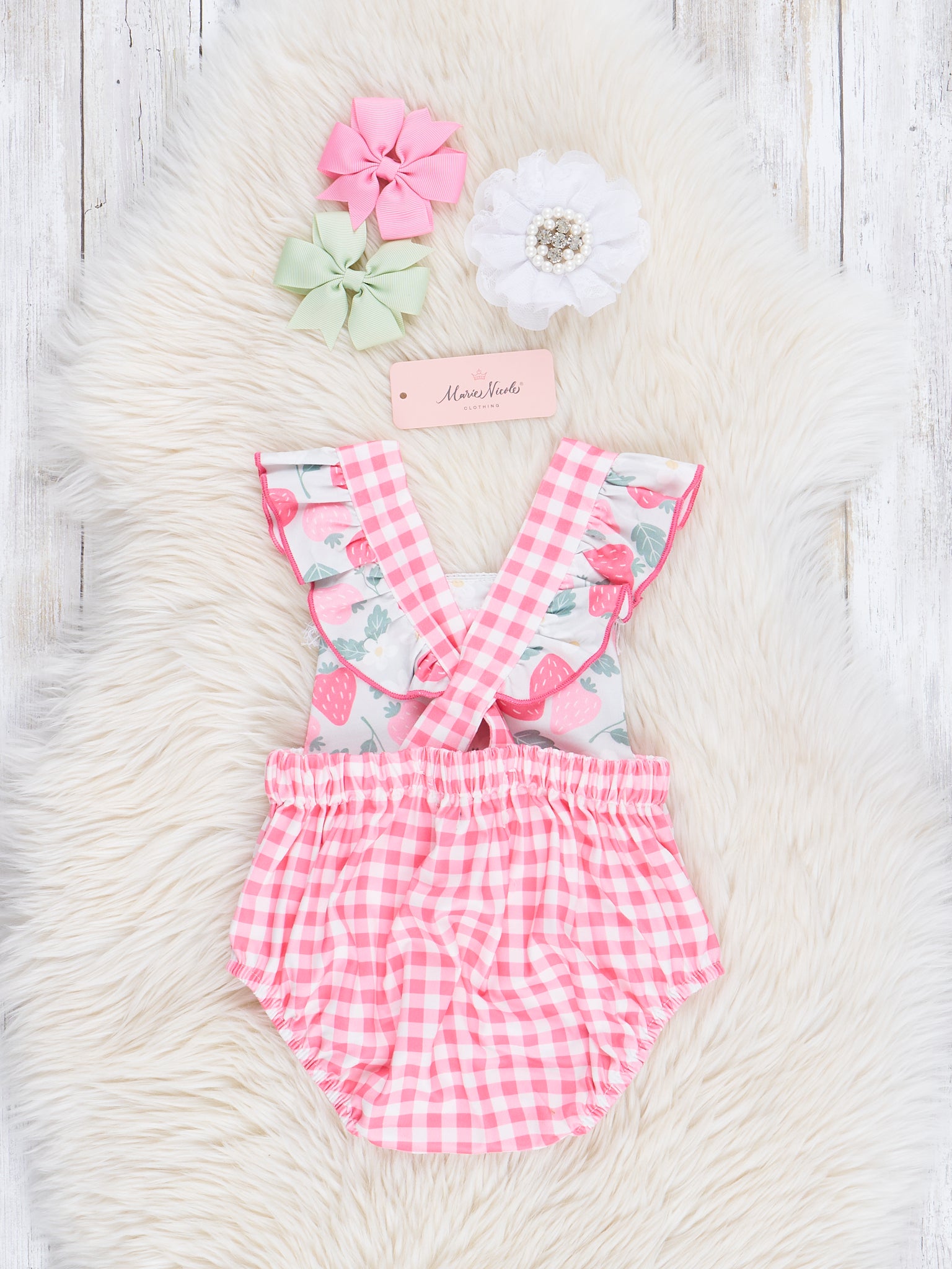 Coral Gingham Lace Trim Strawberry Bubble Romper - Marie Nicole Clothing