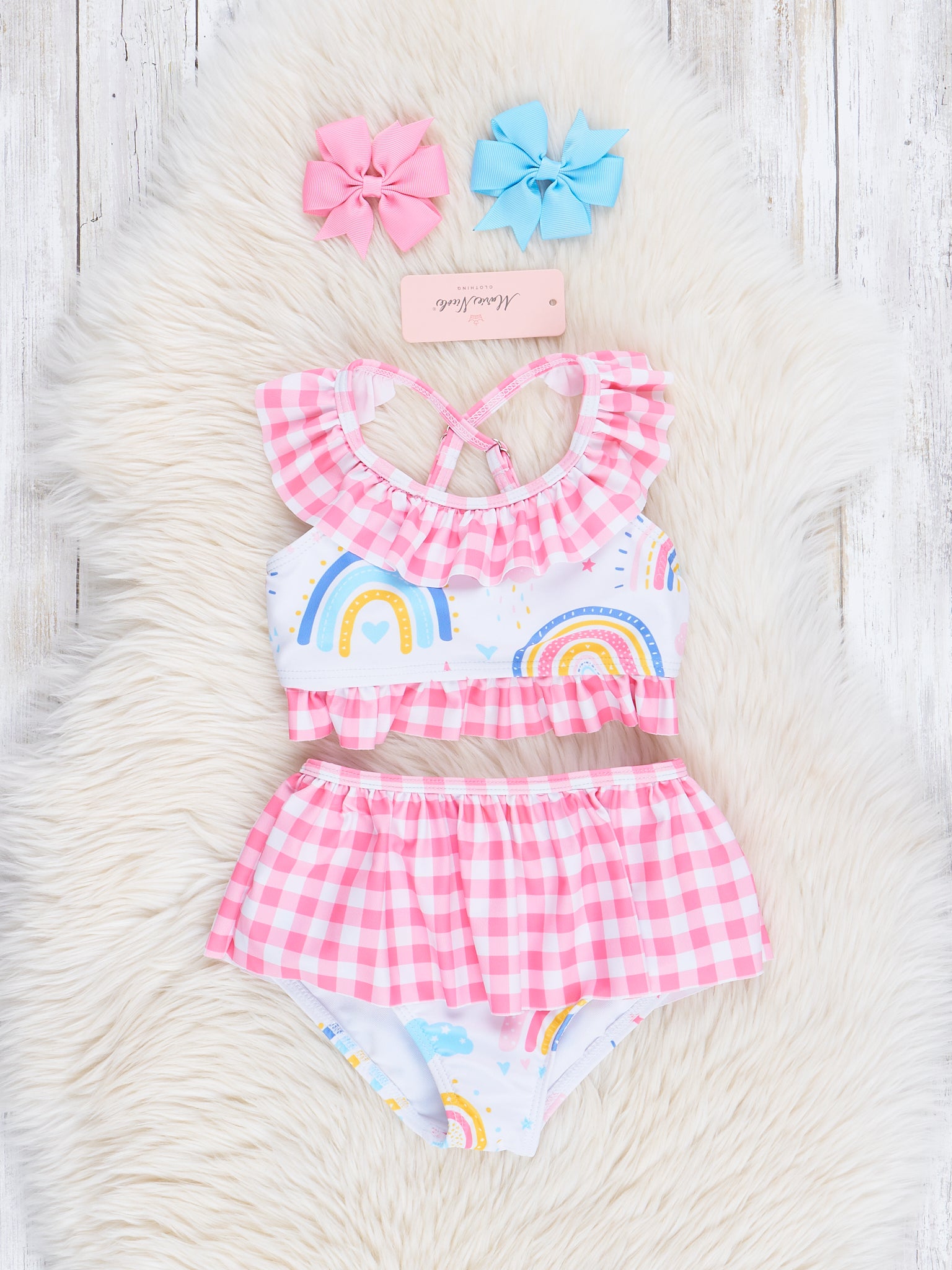 Pink Gingham Rainbow Doodles Two - Piece Swimsuit - Marie Nicole Clothing