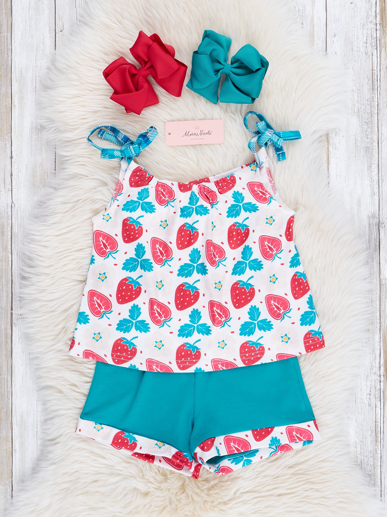 Turquoise & Red Strawberries Ruffle Outfit - Marie Nicole Clothing