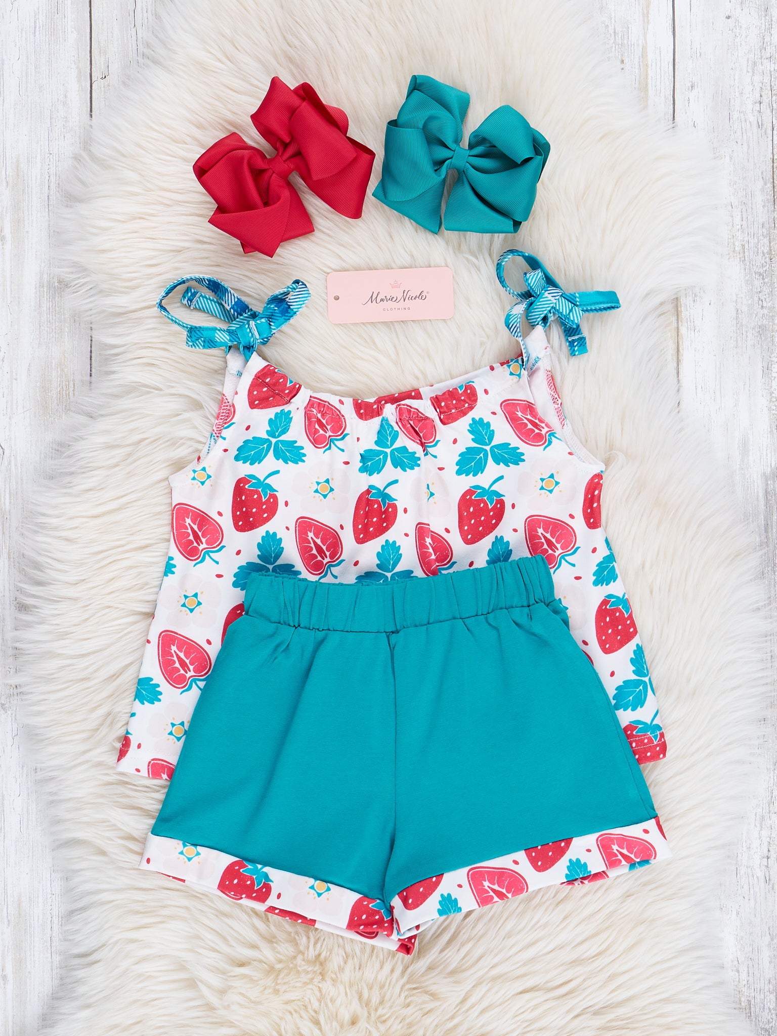 Turquoise & Red Strawberries Ruffle Outfit - Marie Nicole Clothing