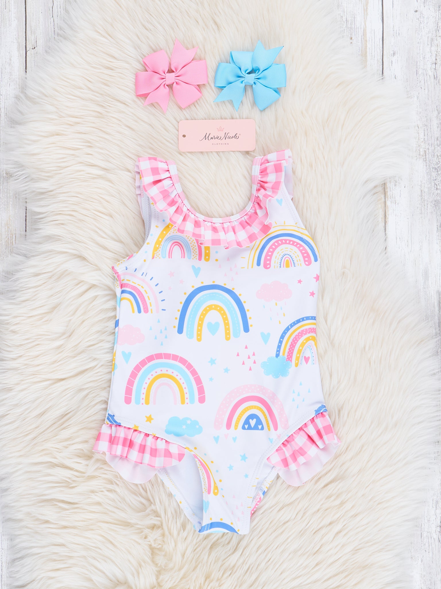 Pink Gingham Rainbow Doodles One - Piece Swimsuit - Marie Nicole Clothing