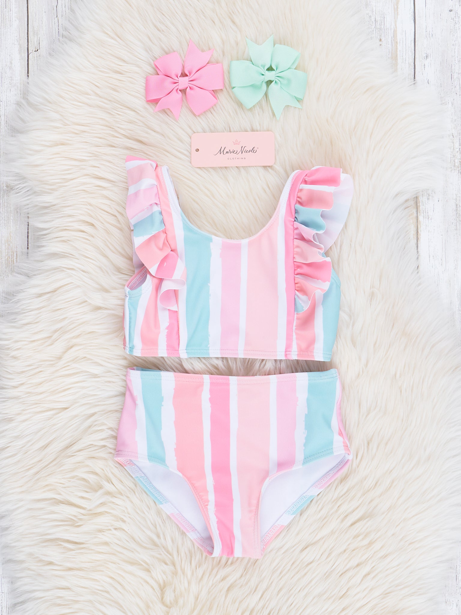 Peach & Turquoise Stripes Two - Piece Swimsuit - Marie Nicole Clothing