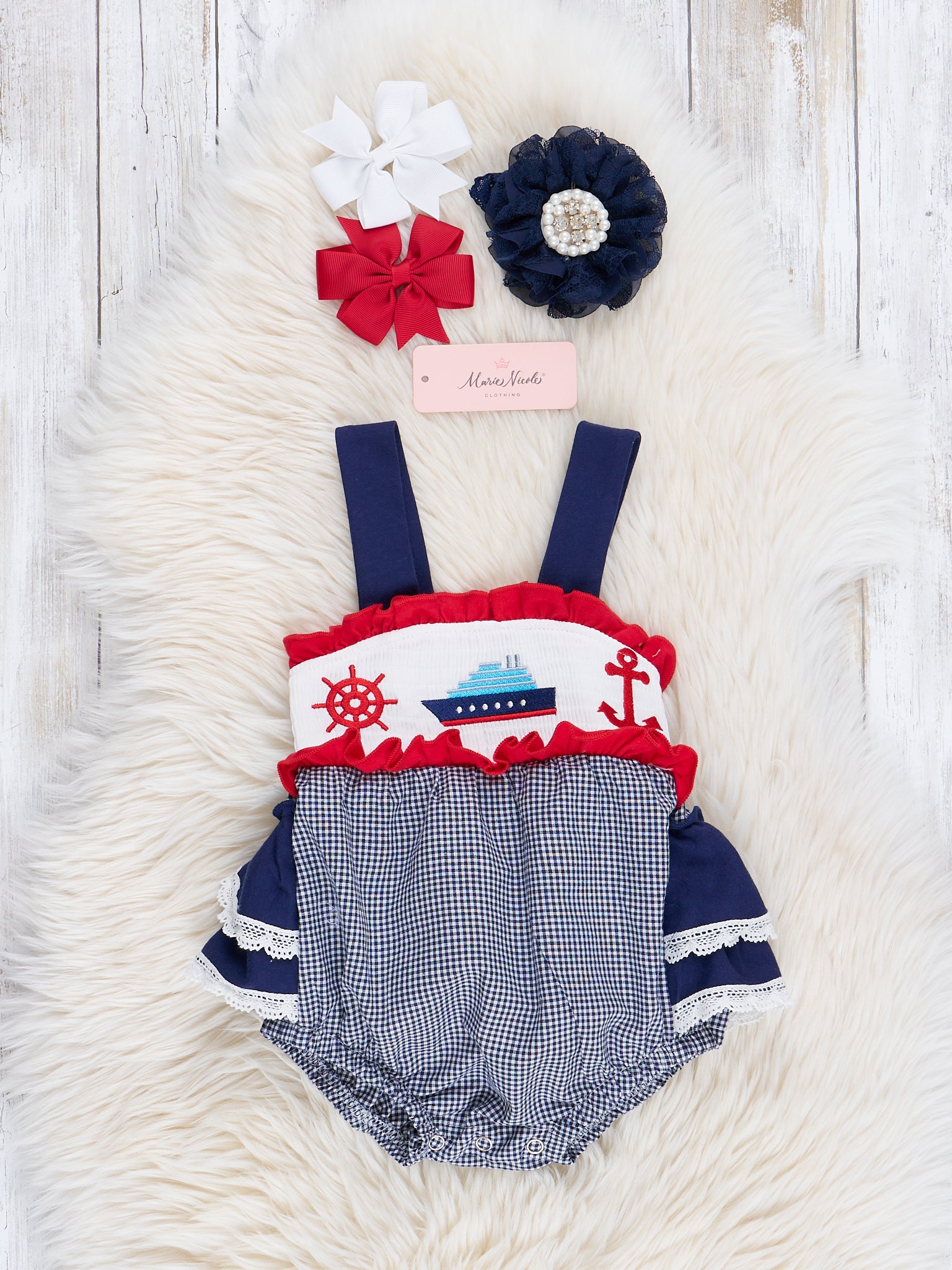 Nautical Navy Smocked Bubble Romper - Marie Nicole Clothing