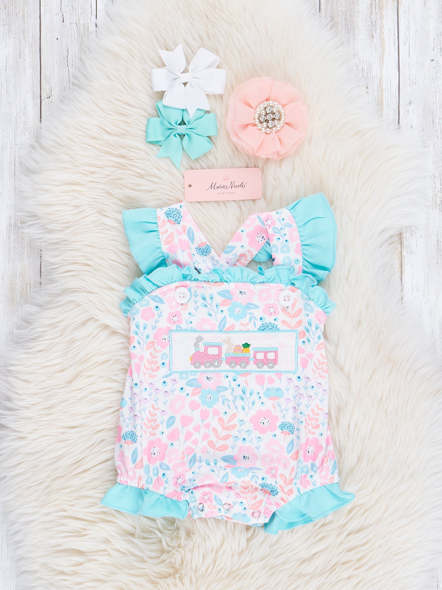 Pink & Blue Smocked Easter Train Ruffle Bubble Romper - Marie Nicole Clothing
