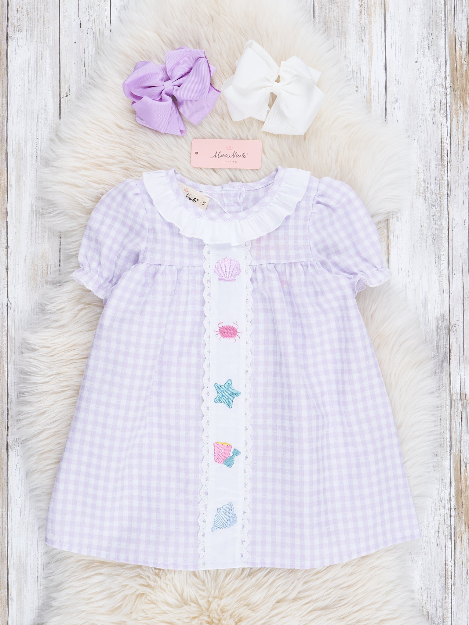 Lilac Beachy Embroidered Plaid Dress - Marie Nicole Clothing