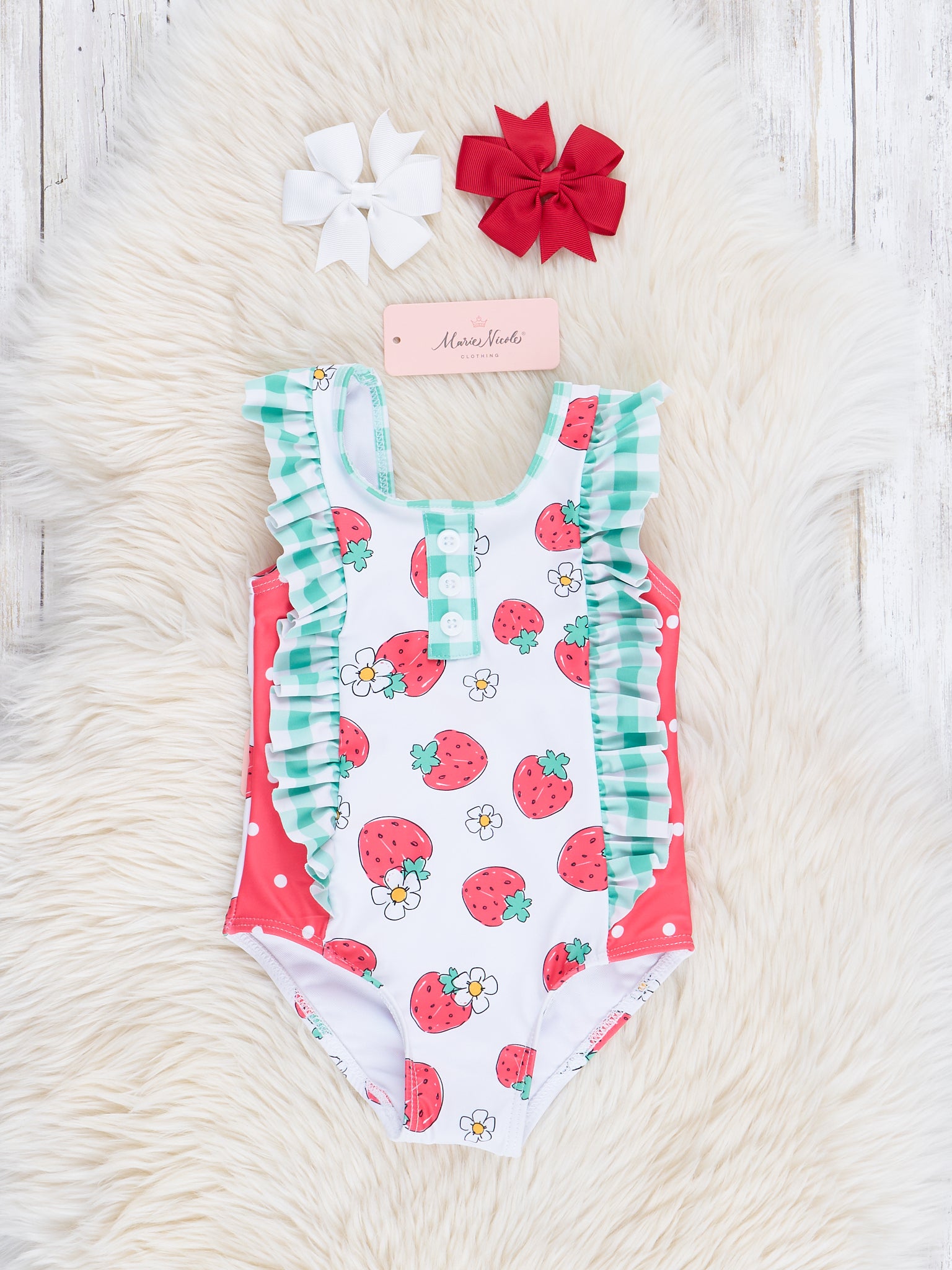 Mint Gingham & Strawberry Dots One - Piece Swimsuit - Marie Nicole Clothing