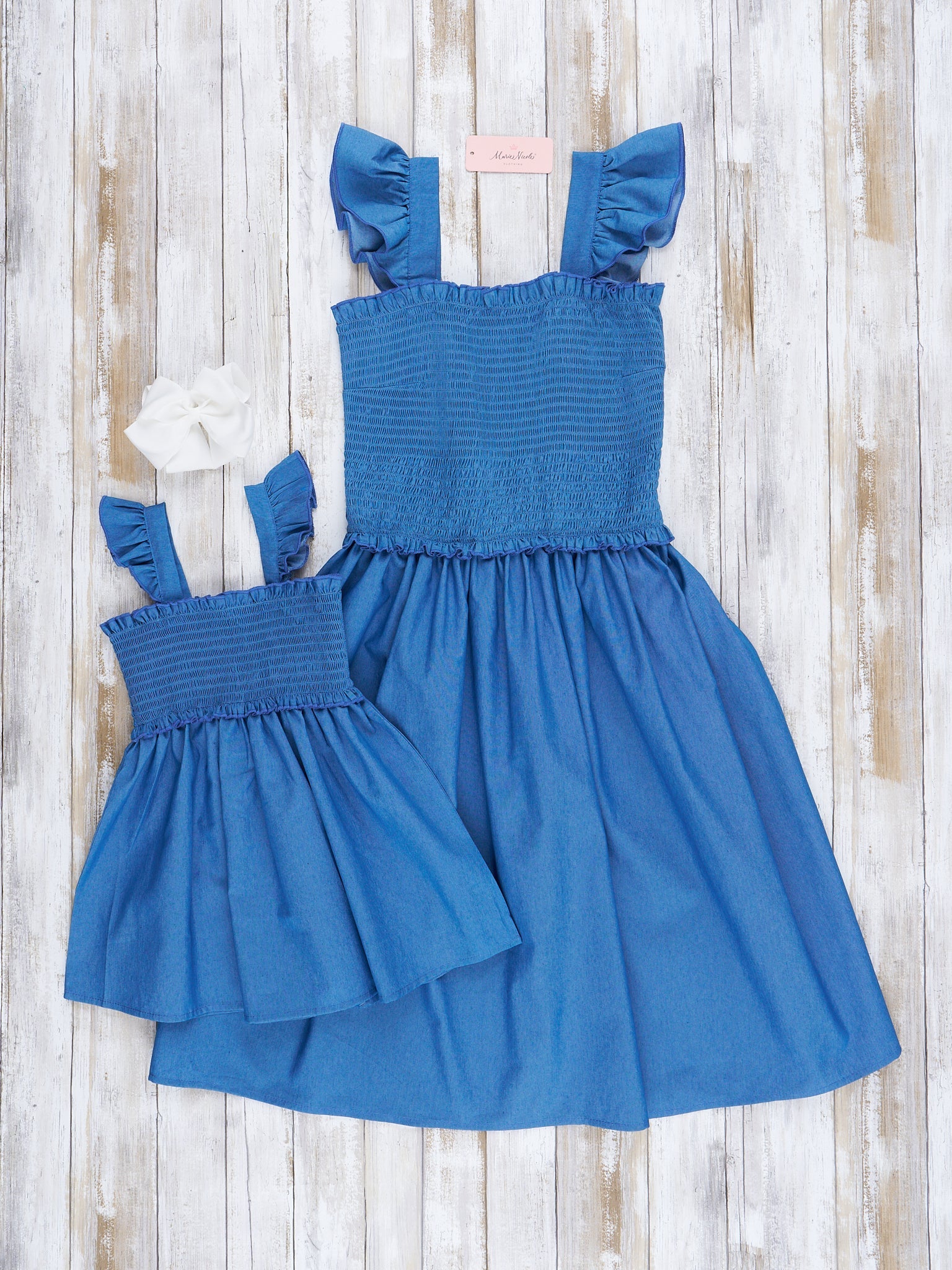 Mom & Me Smocked Chambray Ruffle Dress - Marie Nicole Clothing