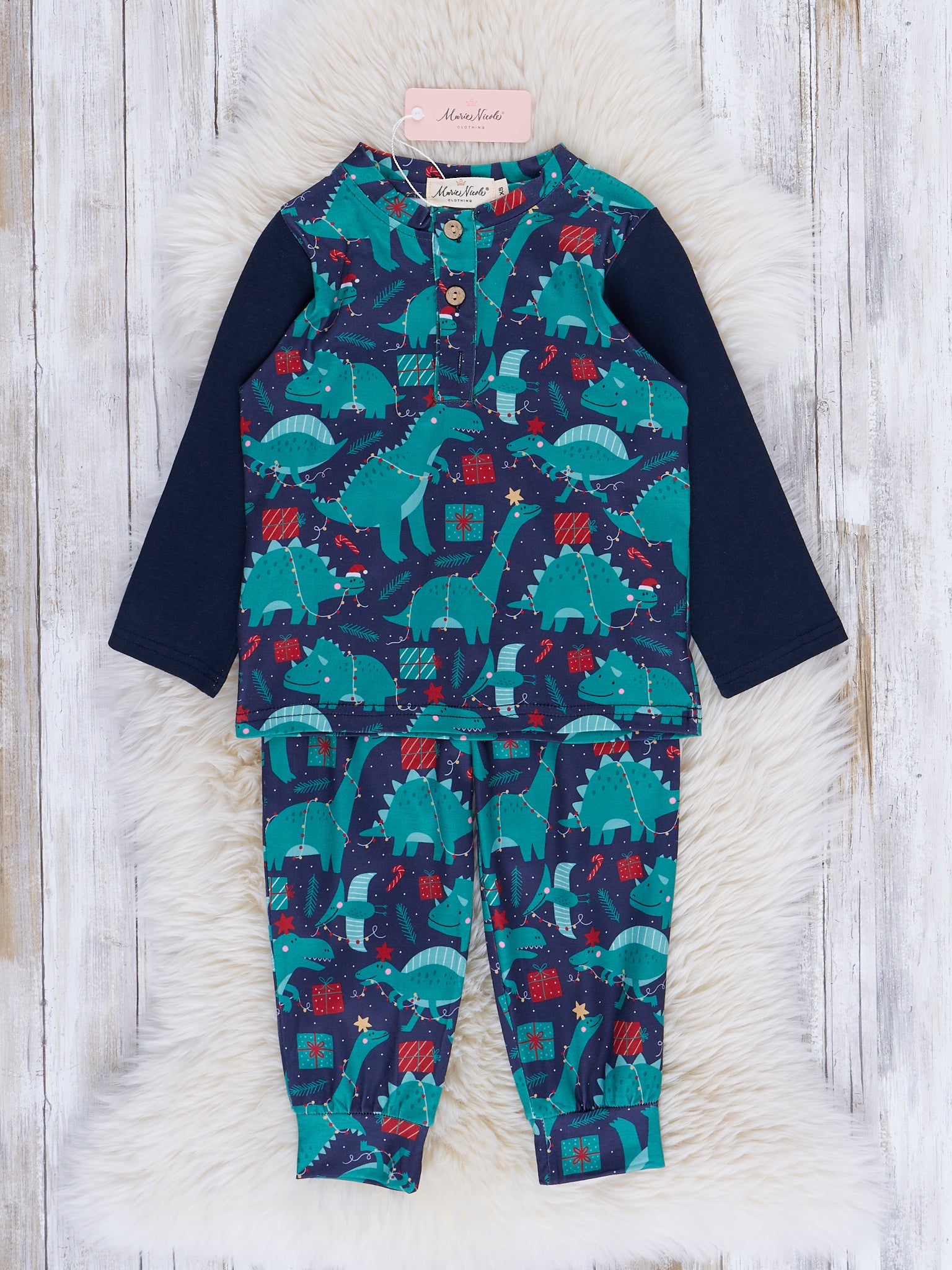 Green & Navy Dino Wonderland Pajamas - Marie Nicole Clothing