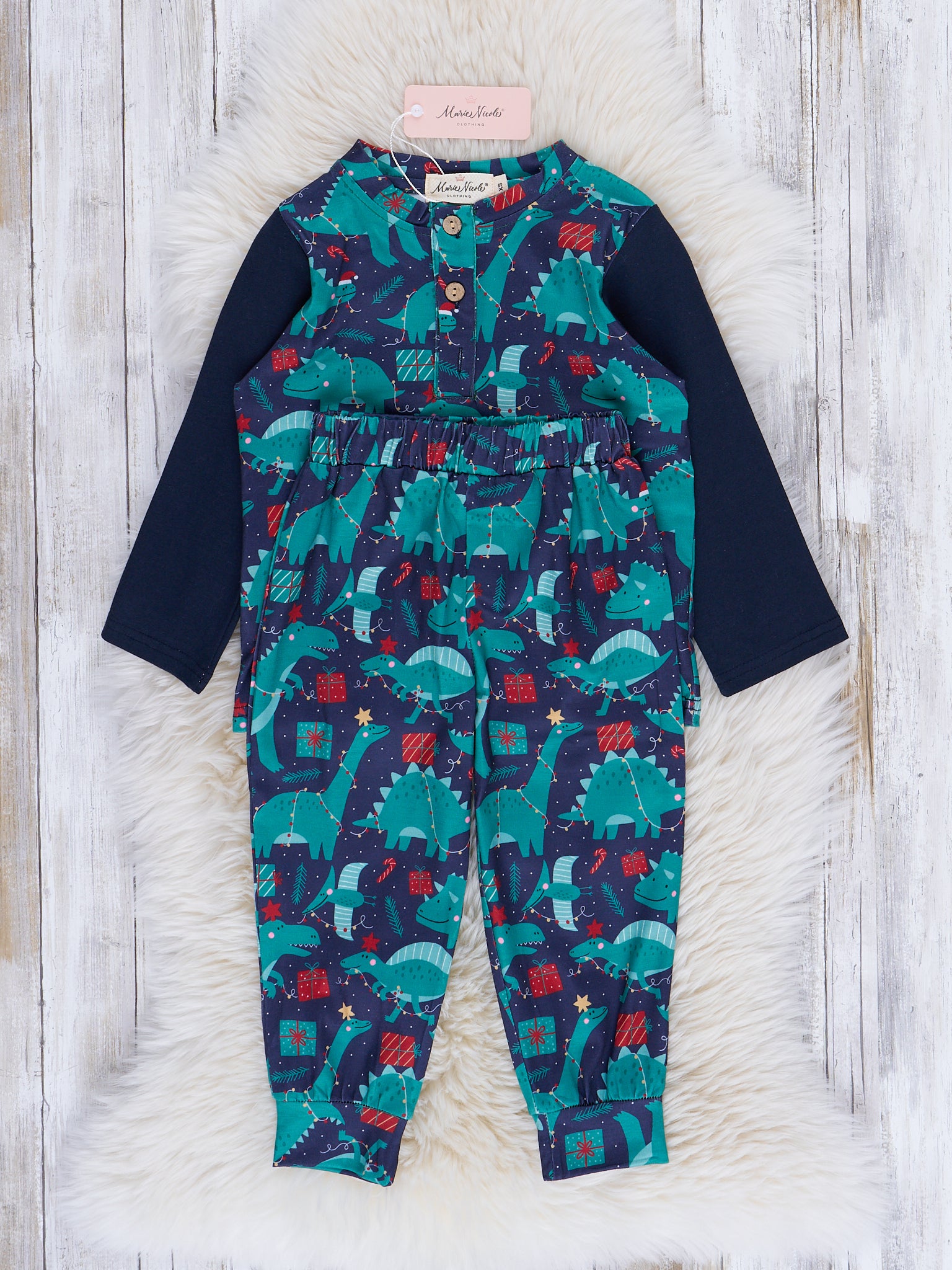 Green & Navy Dino Wonderland Pajamas - Marie Nicole Clothing