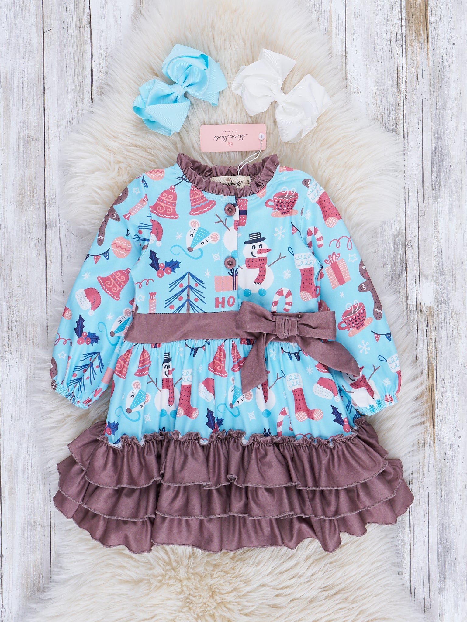 Holiday Joy Tiered Ruffle Bow Dress - Marie Nicole Clothing