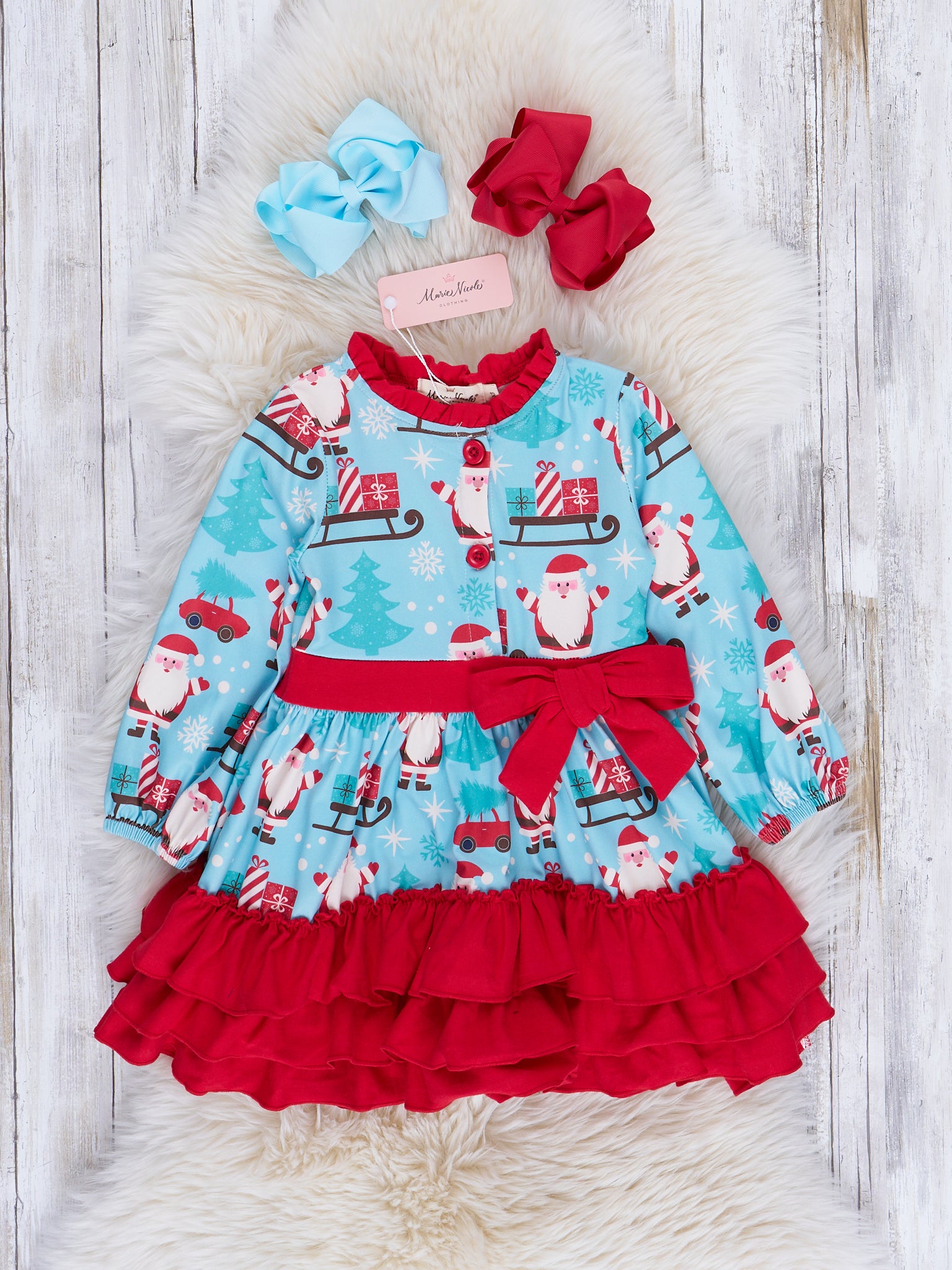 Holiday Joy Tiered Ruffle Bow Dress - Marie Nicole Clothing