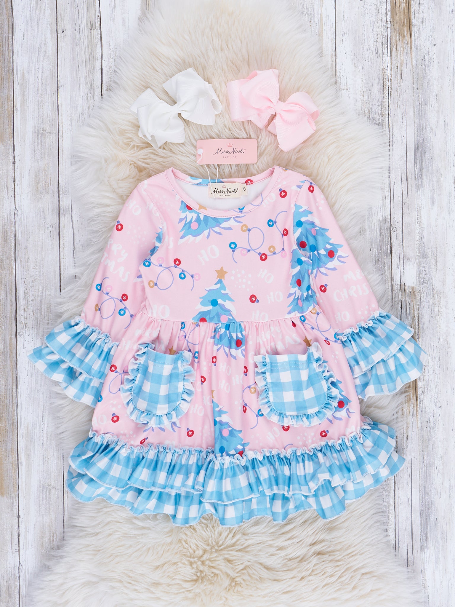 Blue Gingham Holiday Fun Ruffle Dress - Marie Nicole Clothing