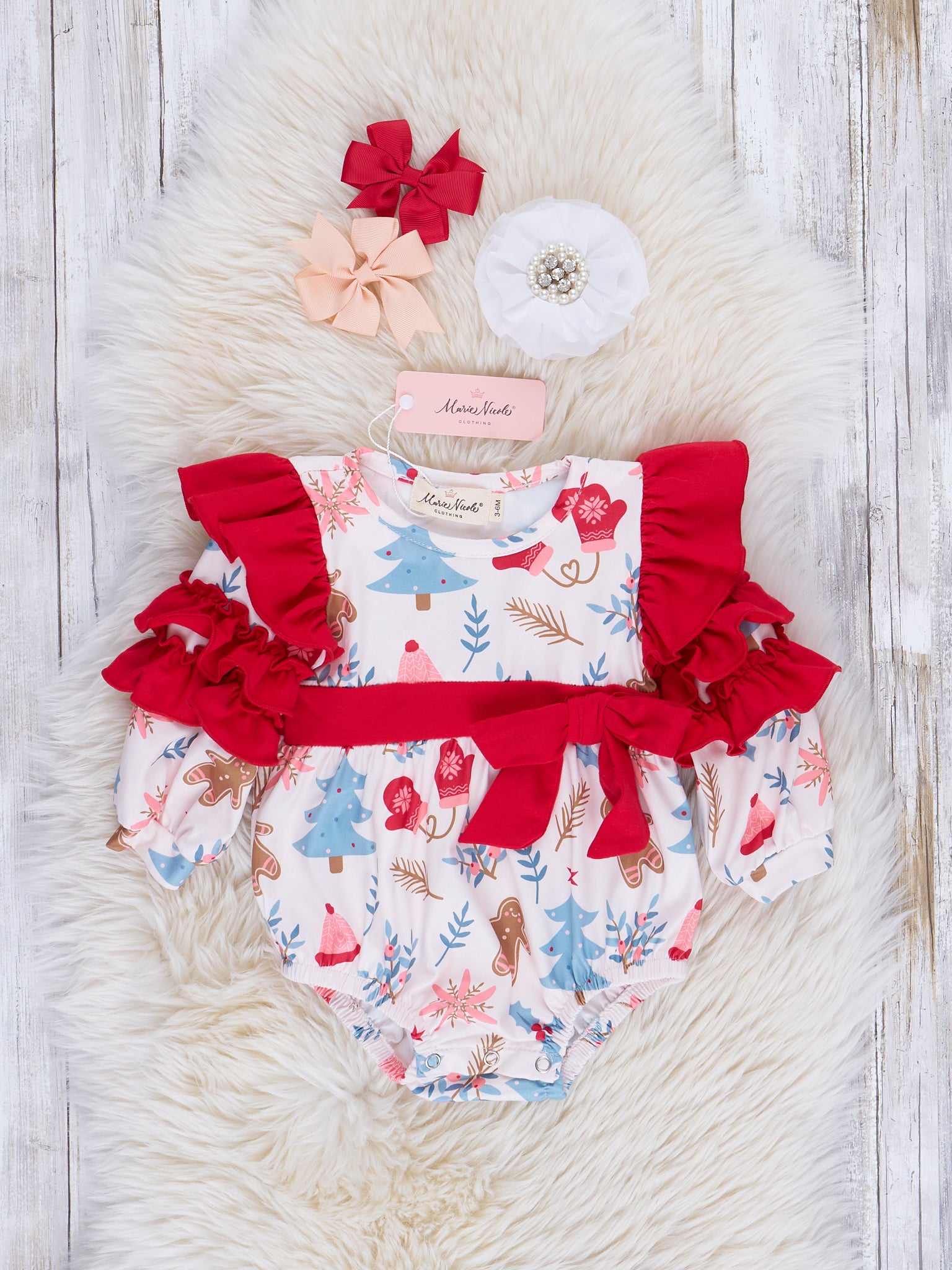 Red Ruffle Winter Wonderland Bubble Romper - Marie Nicole Clothing