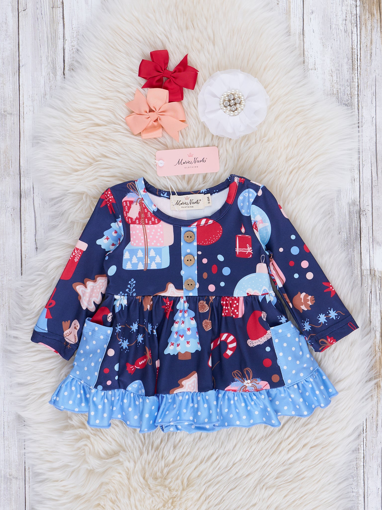 Blue Joyful Holiday Ruffle Romper - Marie Nicole Clothing