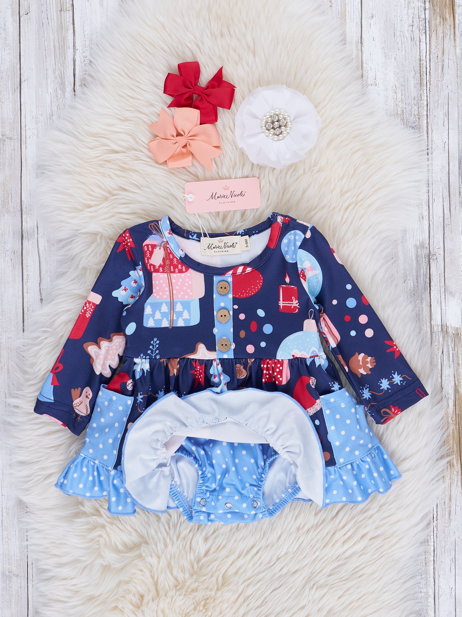 Blue Joyful Holiday Ruffle Romper - Marie Nicole Clothing