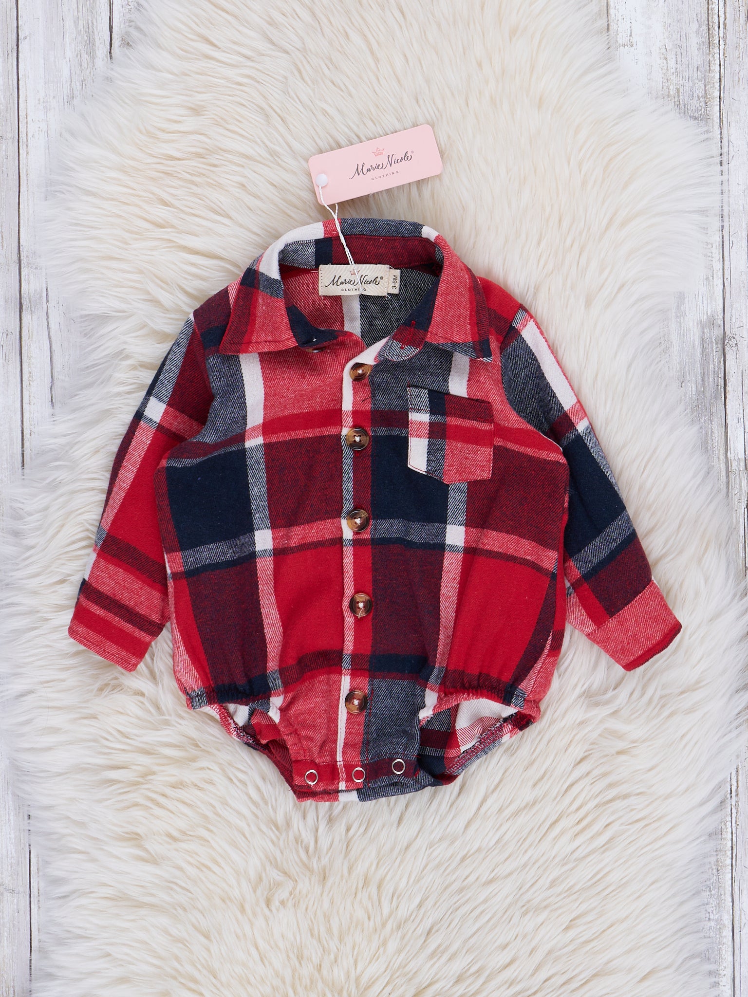 Red & Black Plaid Pocket Flannel Romper - Marie Nicole Clothing