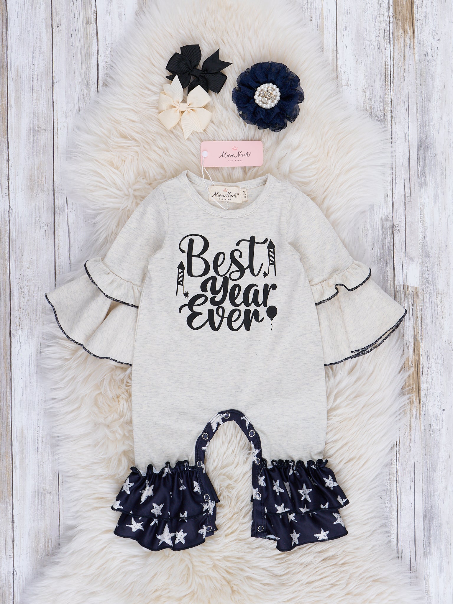 Black & White "Best Year Ever" Bell Sleeve Ruffle Romper - Marie Nicole Clothing