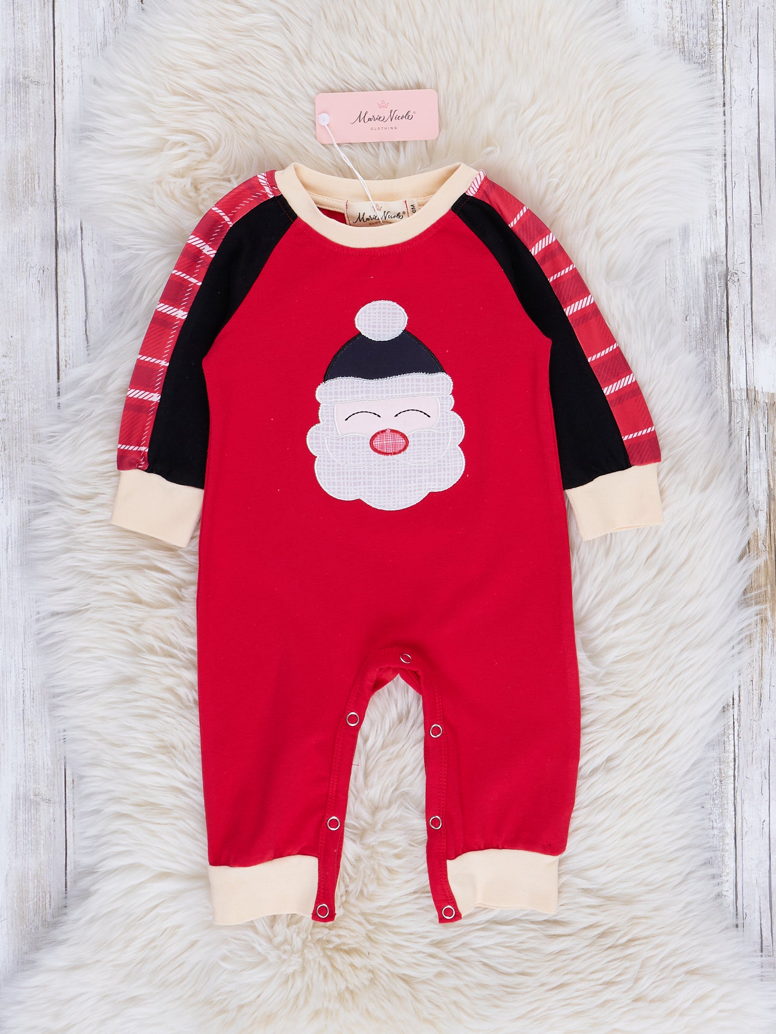 Red Mixed Print Embroidered Santa Romper - Marie Nicole Clothing
