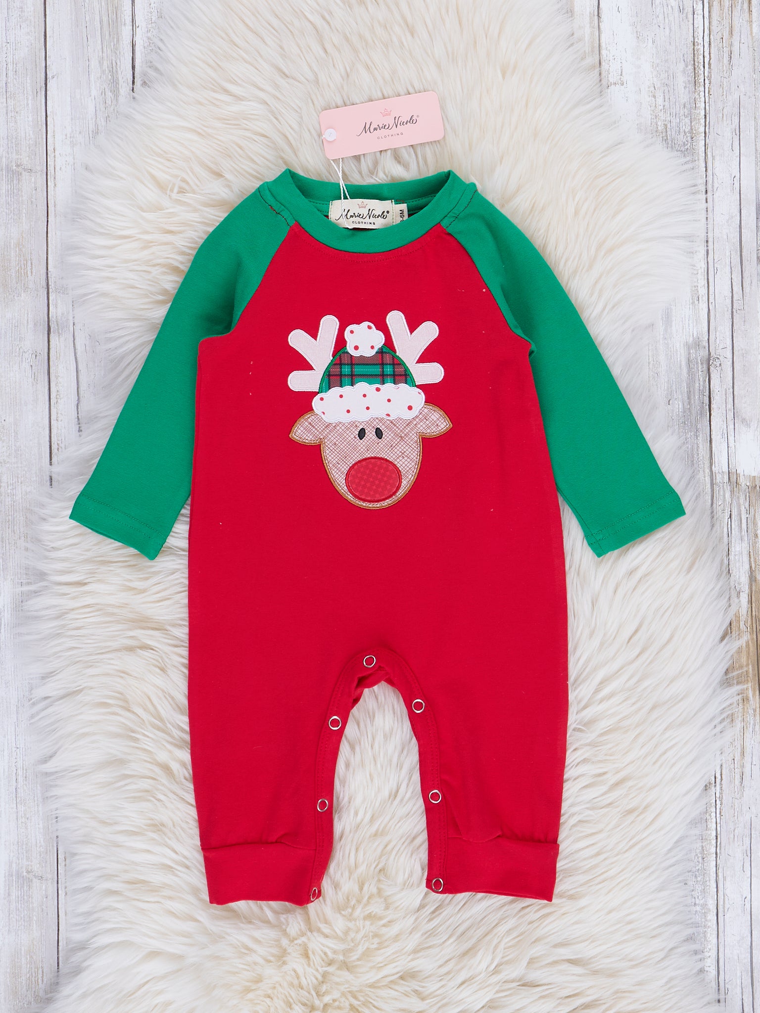 Red & Green Embroidered Reindeer Raglan Romper - Marie Nicole Clothing