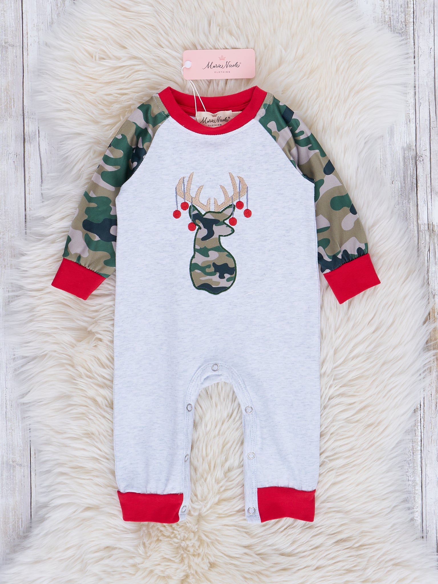Camo Reindeer Raglan Romper - Marie Nicole Clothing