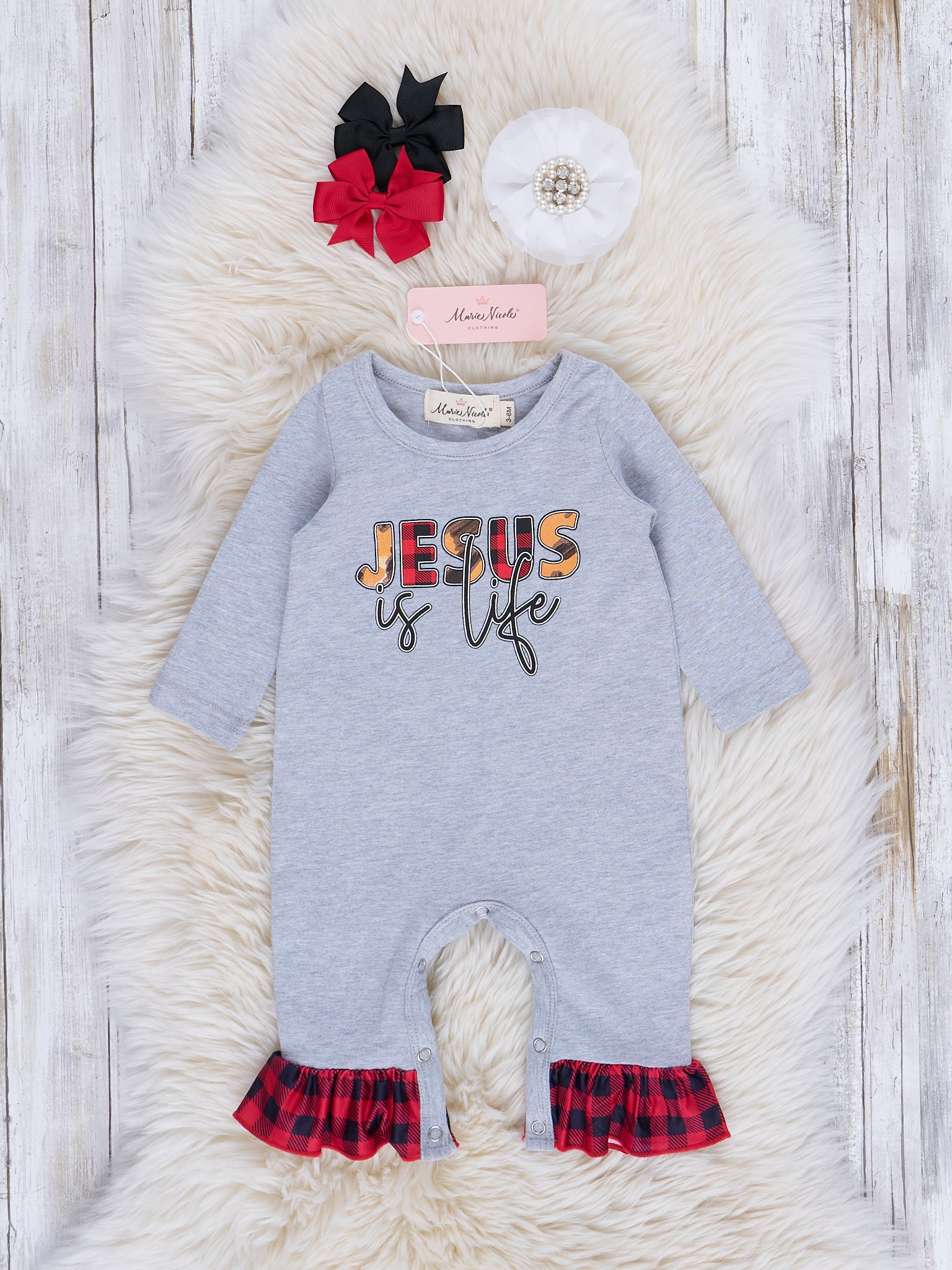 Buffalo Plaid "Jesus is Life" Ruffle Romper - Marie Nicole Clothing
