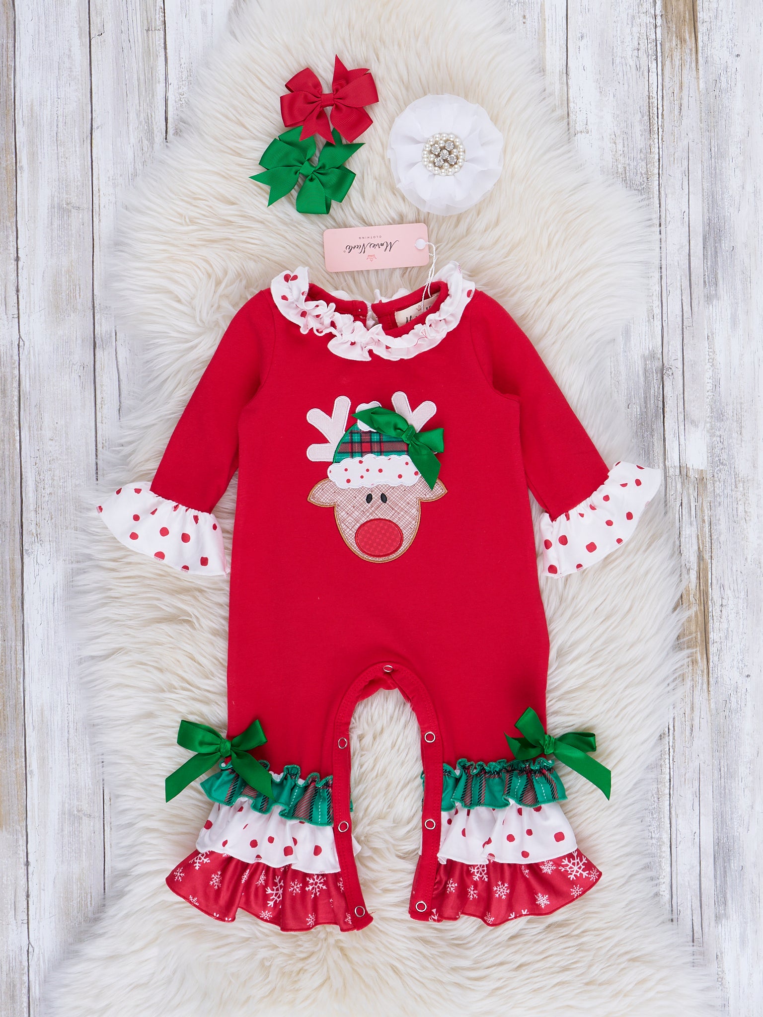 Red & Green Embroidered Reindeer Ruffle Romper - Marie Nicole Clothing