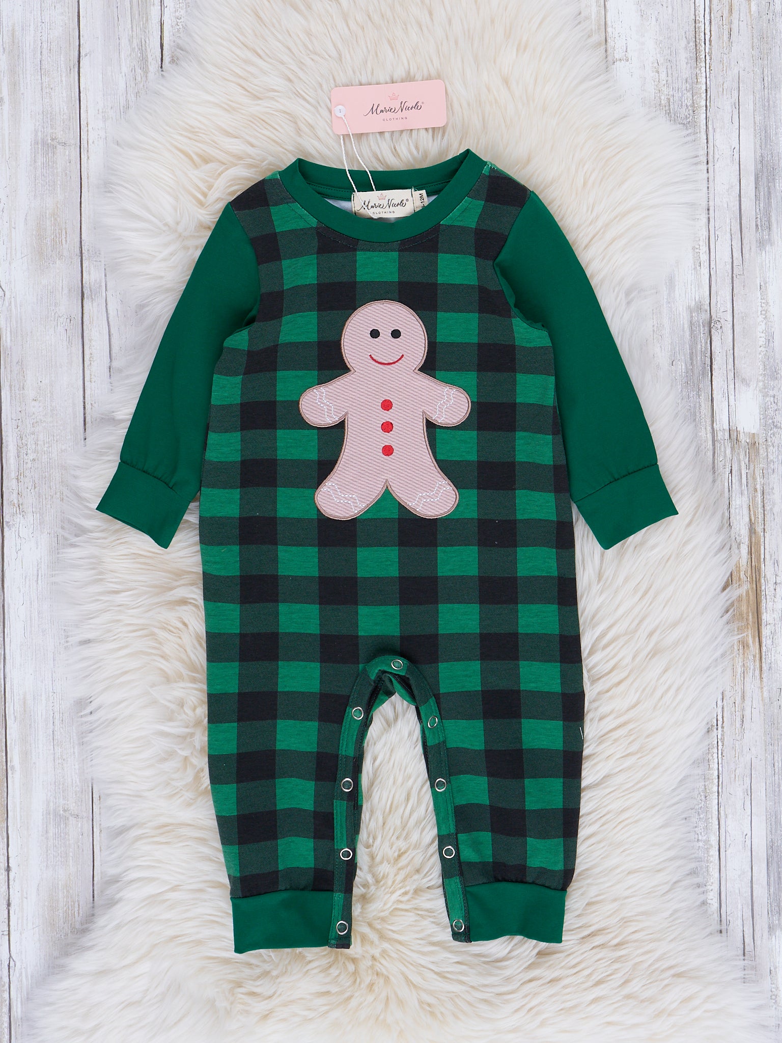 Green Buffalo Plaid Embroidered Gingerbread Romper - Marie Nicole Clothing