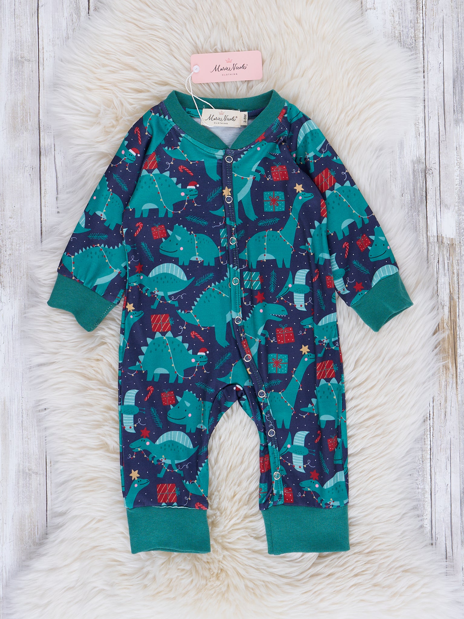 Green & Navy Dino Wonderland Sleeper Pajamas - Marie Nicole Clothing