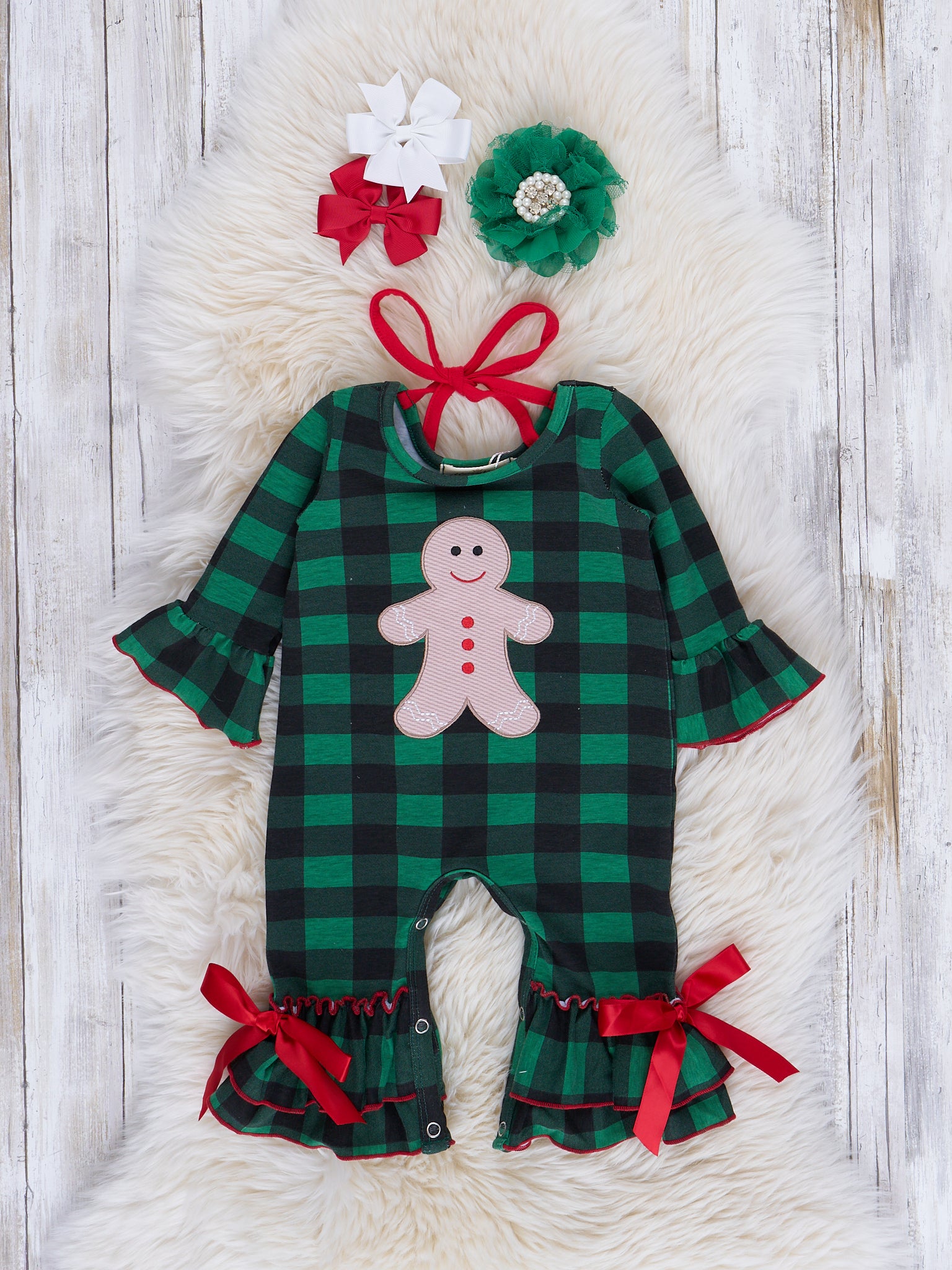 Green Buffalo Plaid Embroidered Gingerbread Ruffle Romper - Marie Nicole Clothing