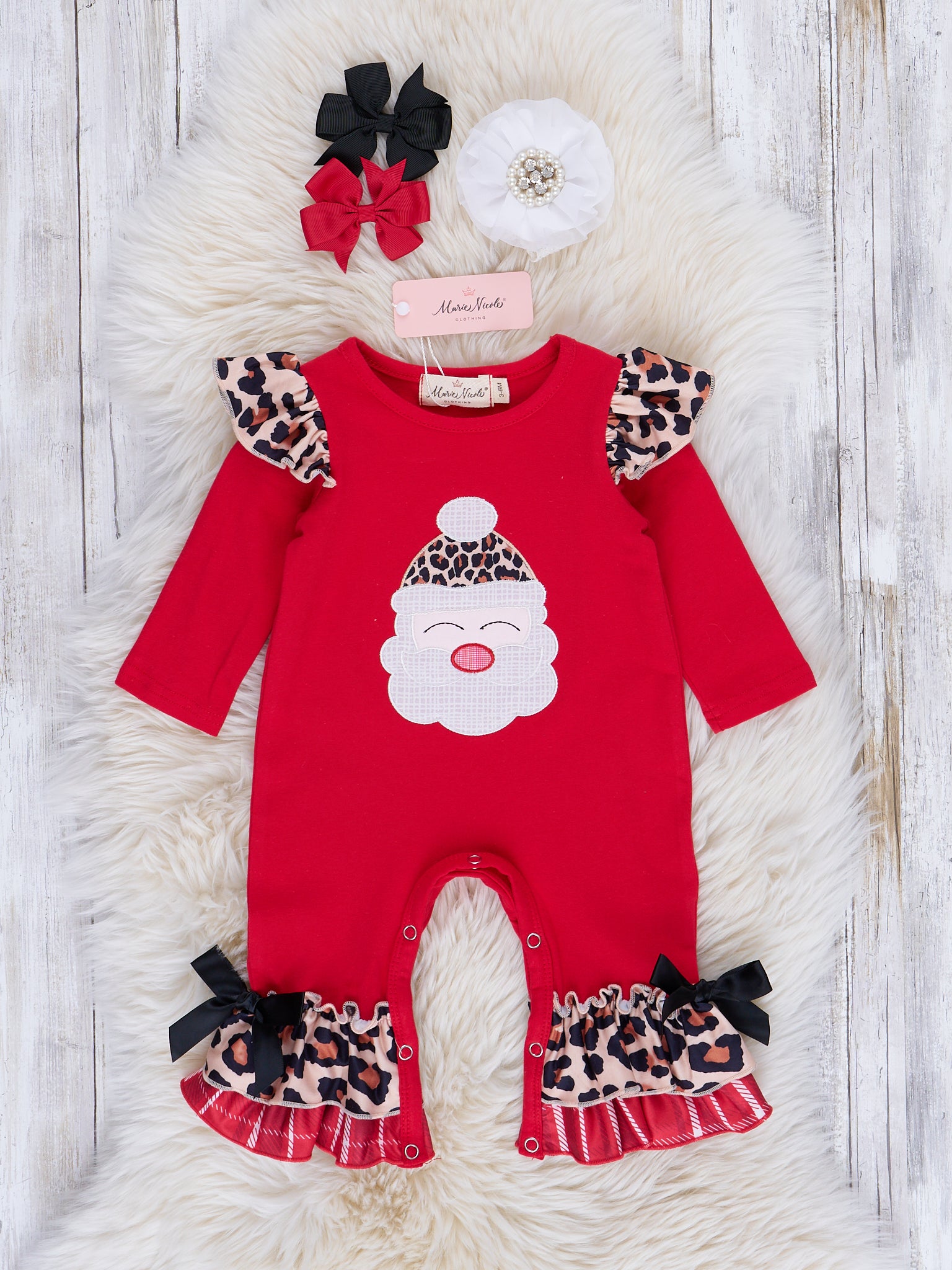 Red Mixed Print Embroidered Santa Ruffle Romper - Marie Nicole Clothing