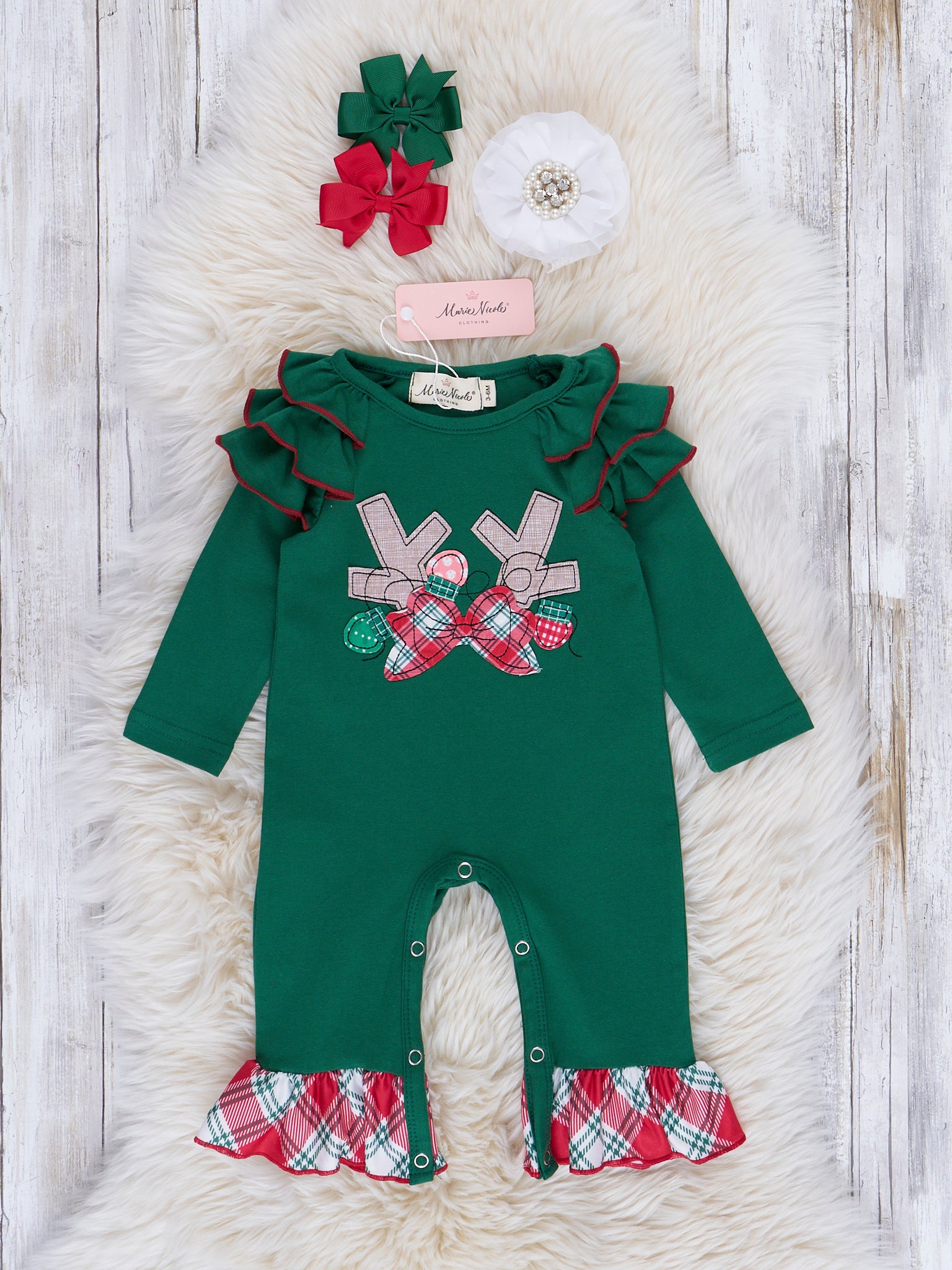 Green & Red Tartan Embroidered Ruffle Romper - Marie Nicole Clothing