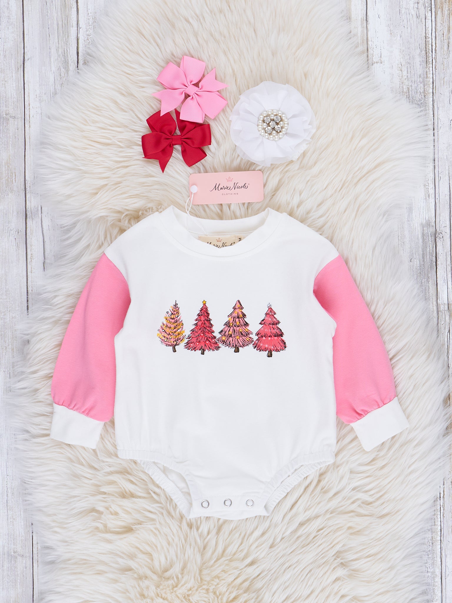 Christmas Trees Raglan Crew Neck Romper - Marie Nicole Clothing
