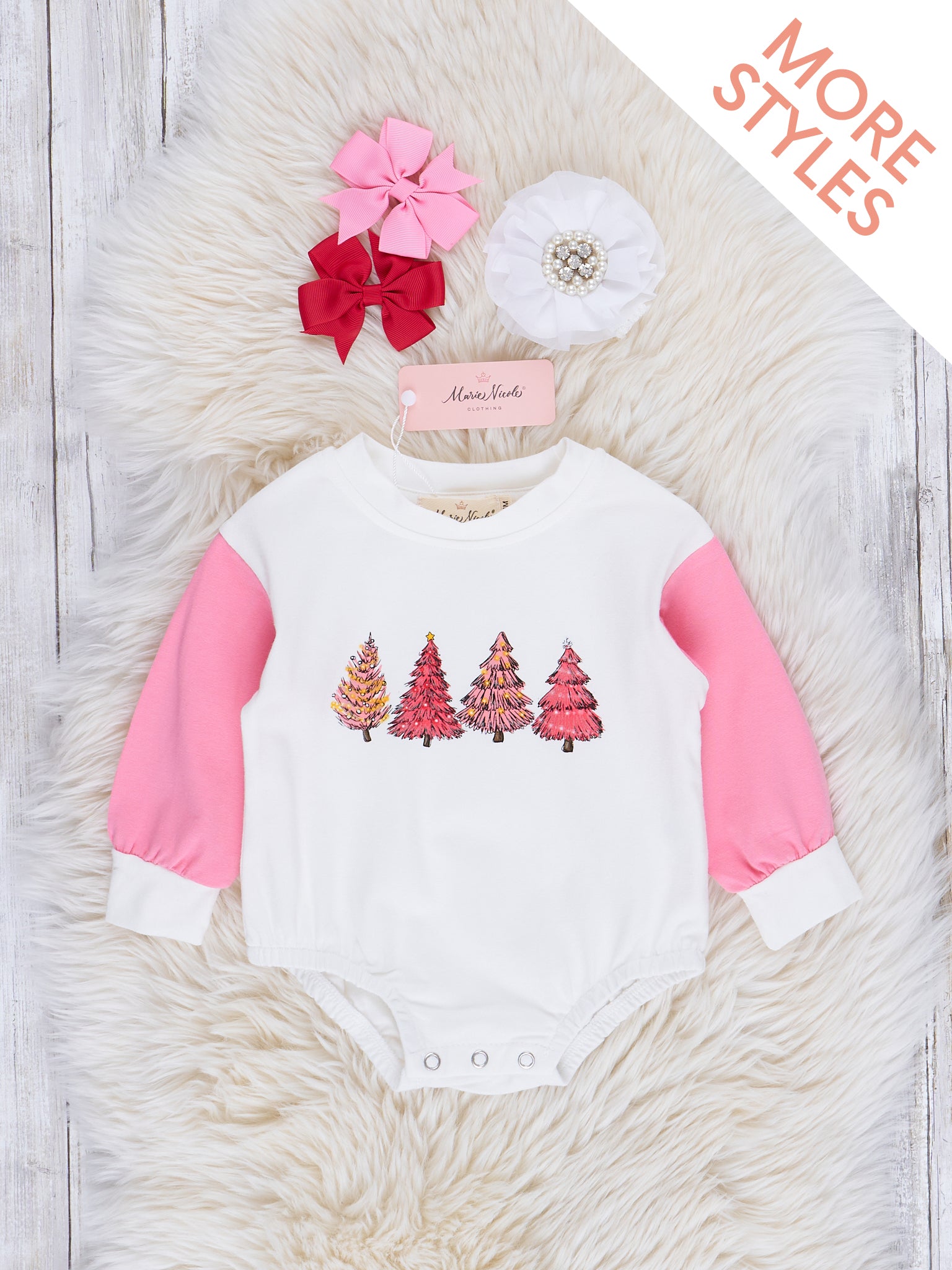 Christmas Trees Raglan Crew Neck Romper - Marie Nicole Clothing