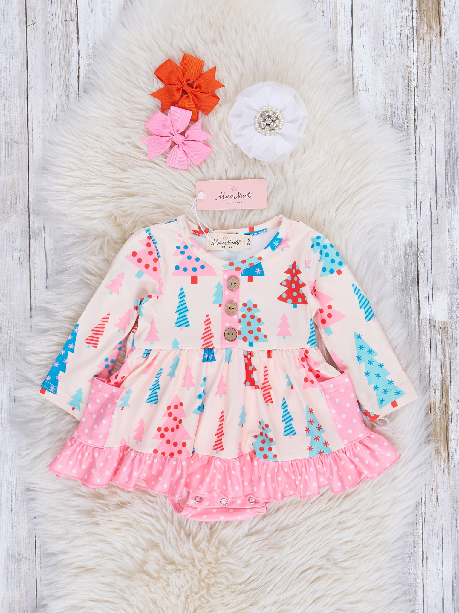 Pink Polka Dot Whimsical Trees Ruffle Romper - Marie Nicole Clothing