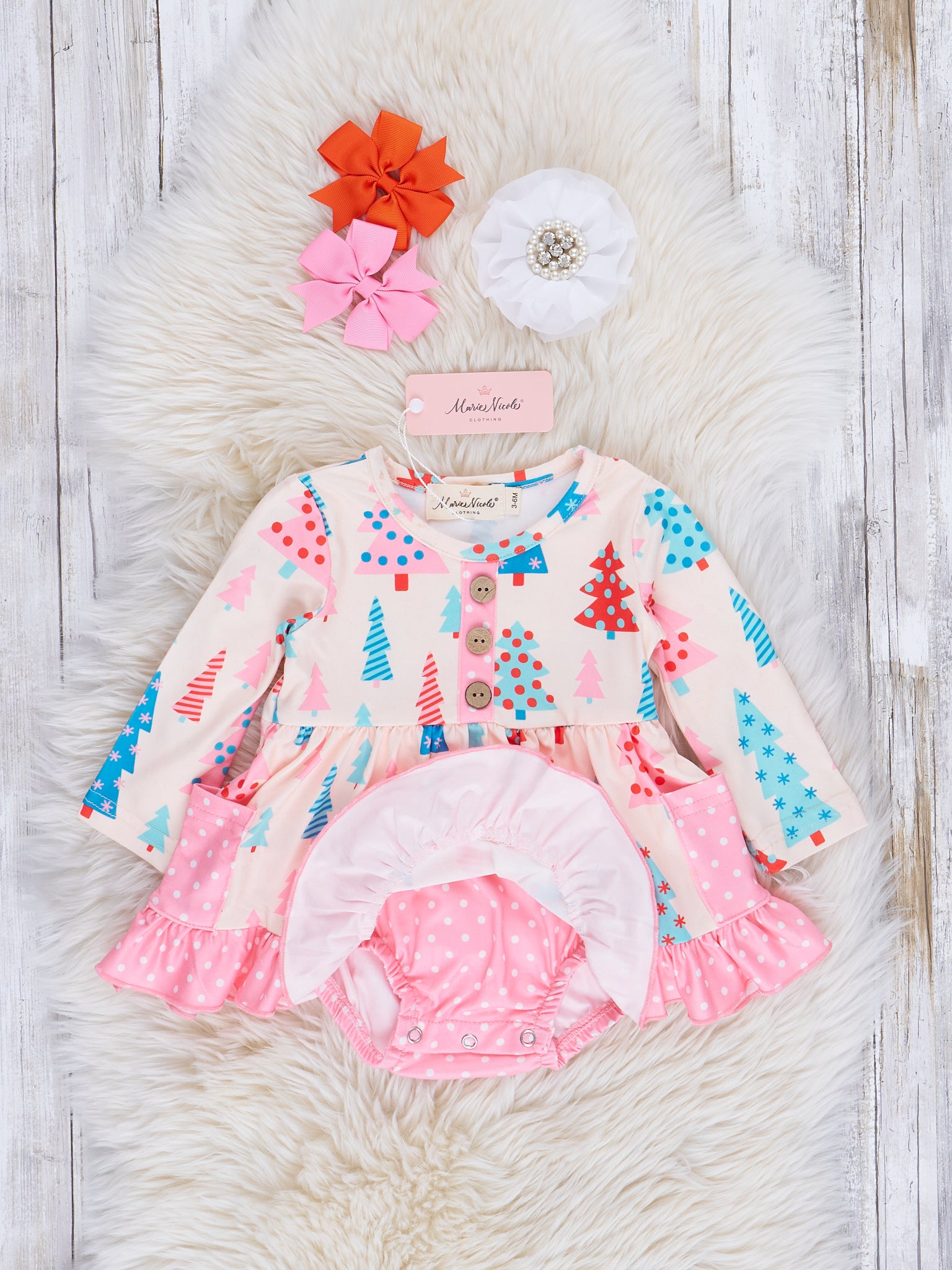 Pink Polka Dot Whimsical Trees Ruffle Romper - Marie Nicole Clothing