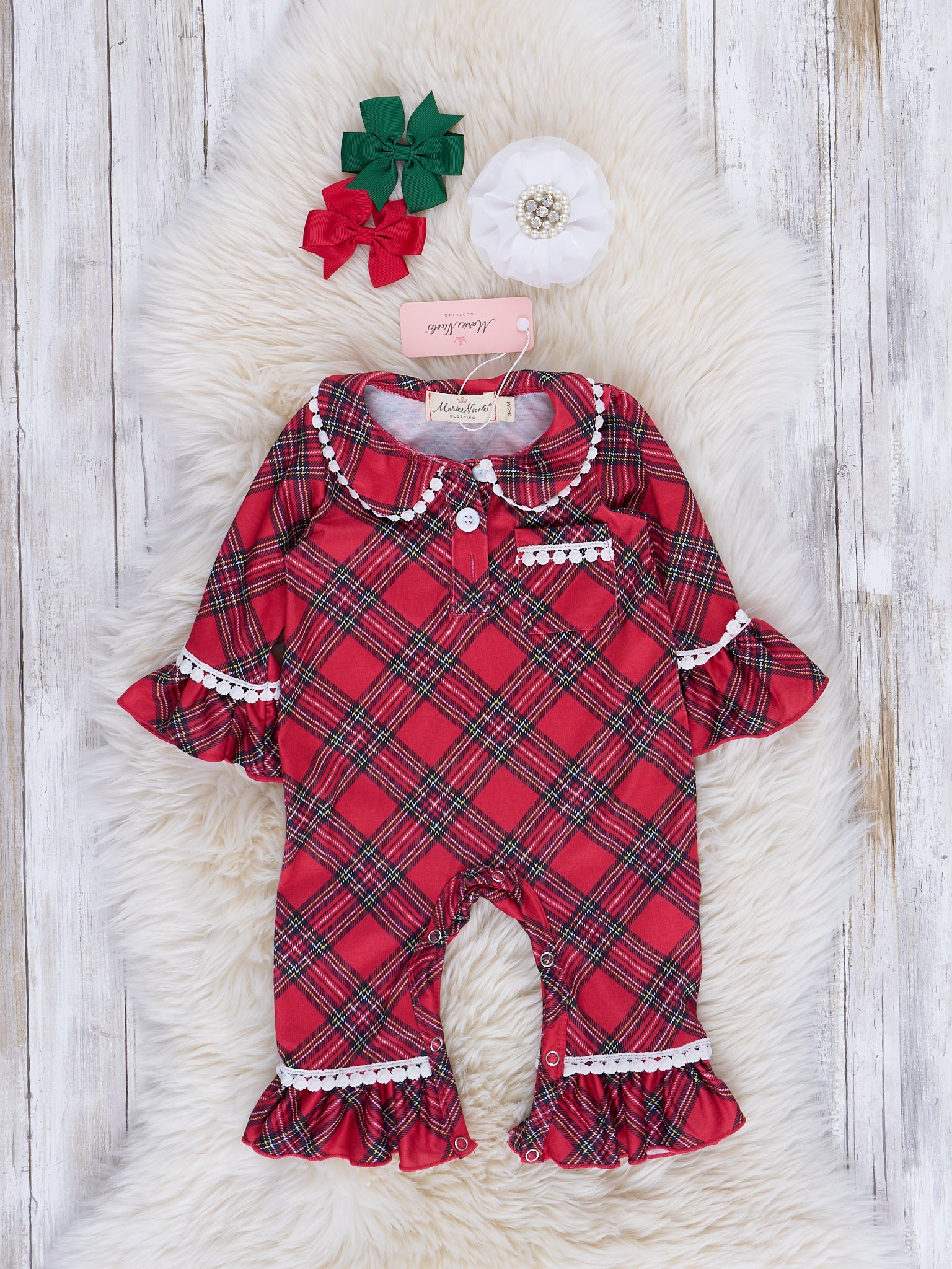 Red & Black Tartan Ruffle Sleeper Pajamas - Marie Nicole Clothing