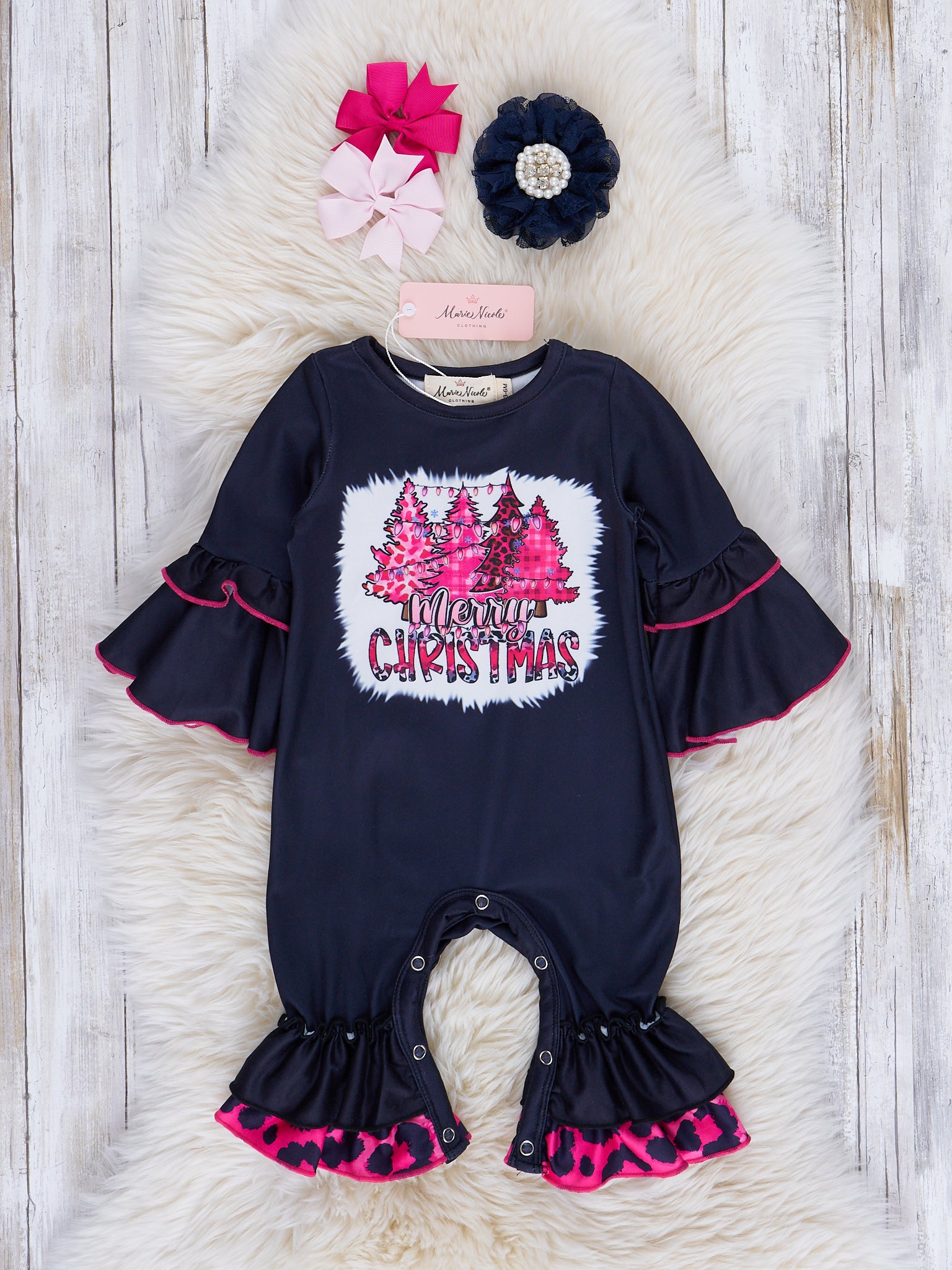 Pink Leopard "Merry Christmas" Ruffle Romper - Marie Nicole Clothing
