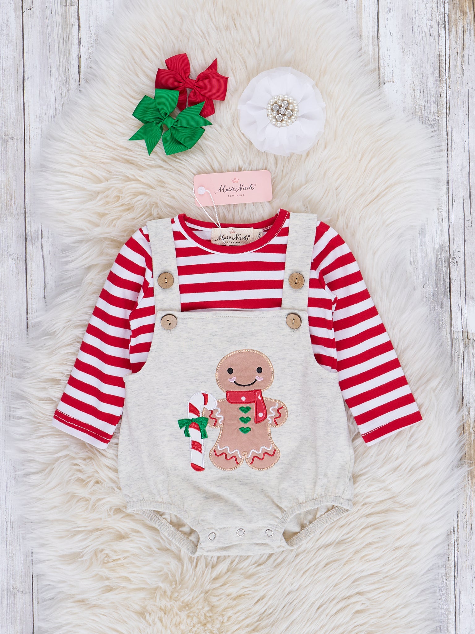 Grey & Red Stripe Gingerbread Overalls Bubble - Marie Nicole Clothing