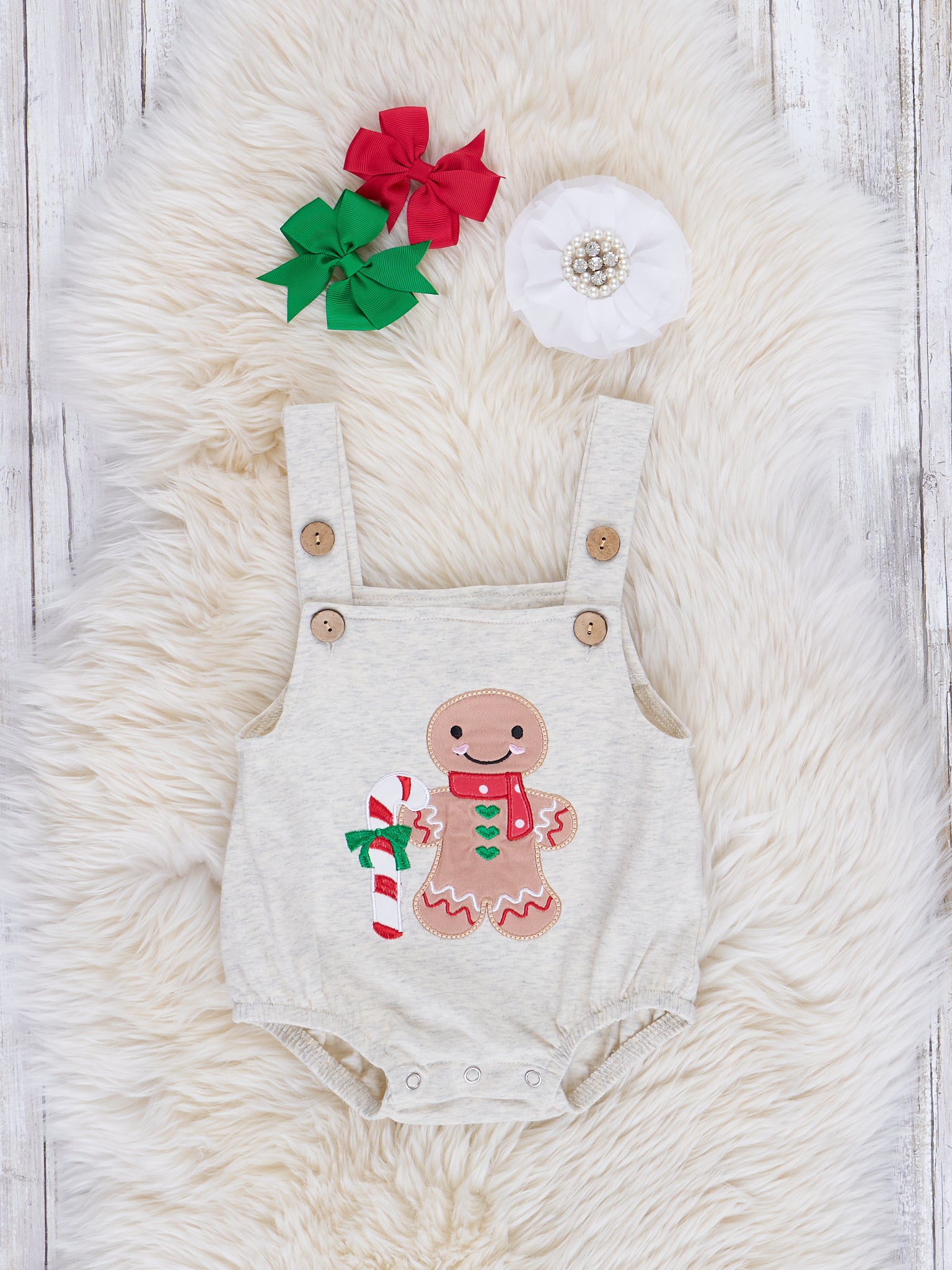 Grey & Red Stripe Gingerbread Overalls Bubble - Marie Nicole Clothing