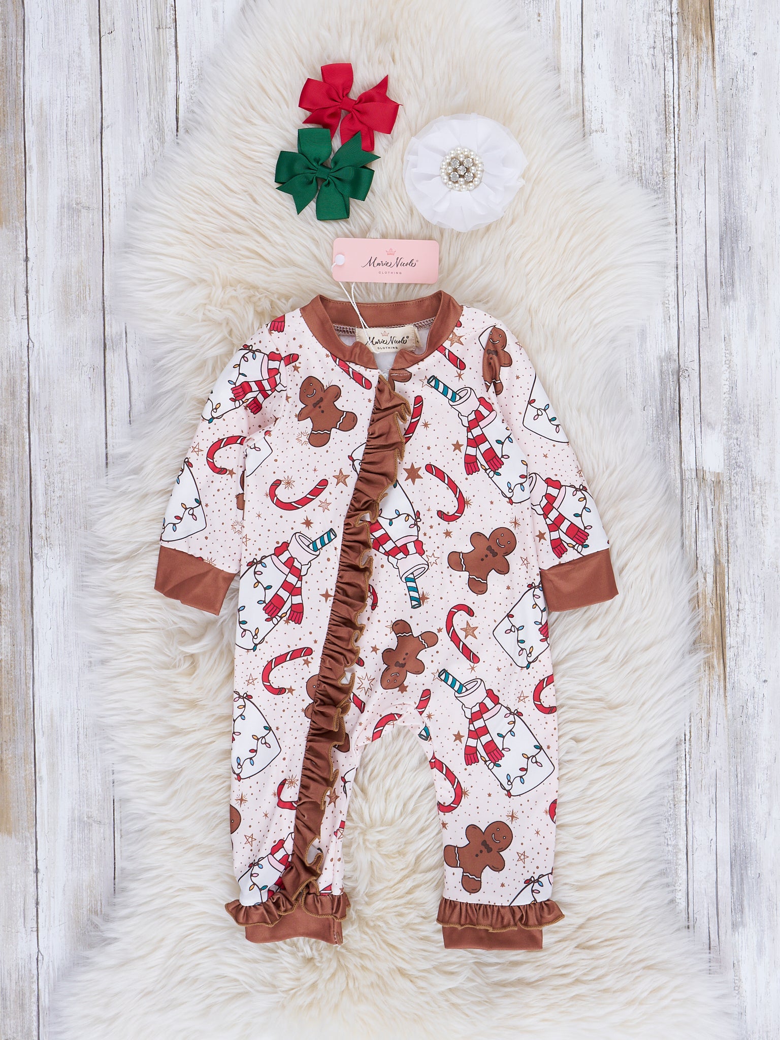 Milk & Gingerbread Cookies Ruffle Sleeper Pajamas - Marie Nicole Clothing