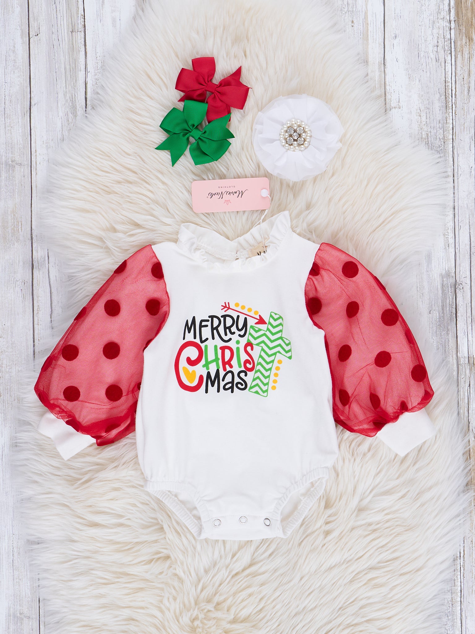 Red & White Bubble Sleeve Christmas Bubble Romper - Marie Nicole Clothing