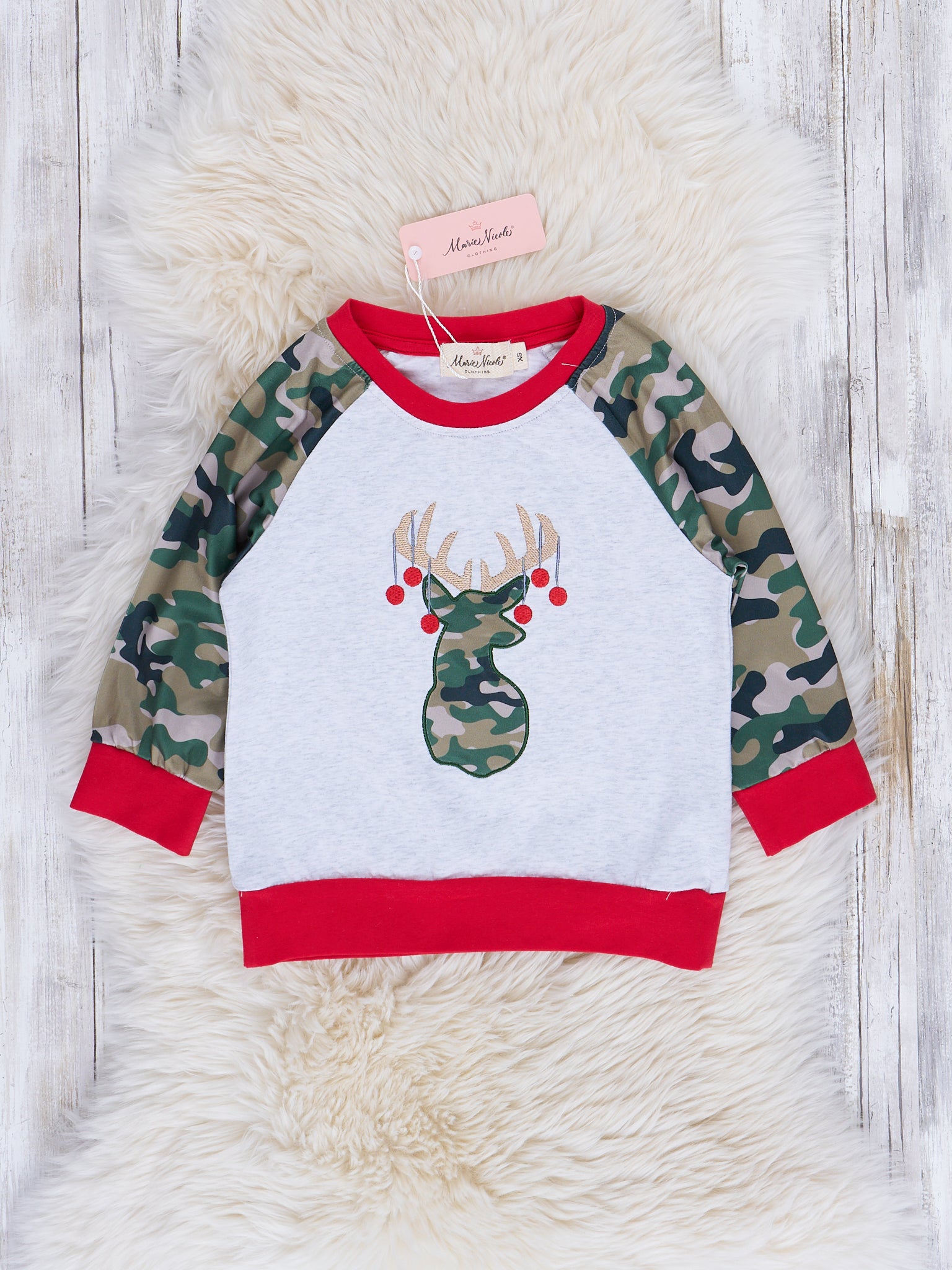 Camo Reindeer Raglan Shirt - Marie Nicole Clothing